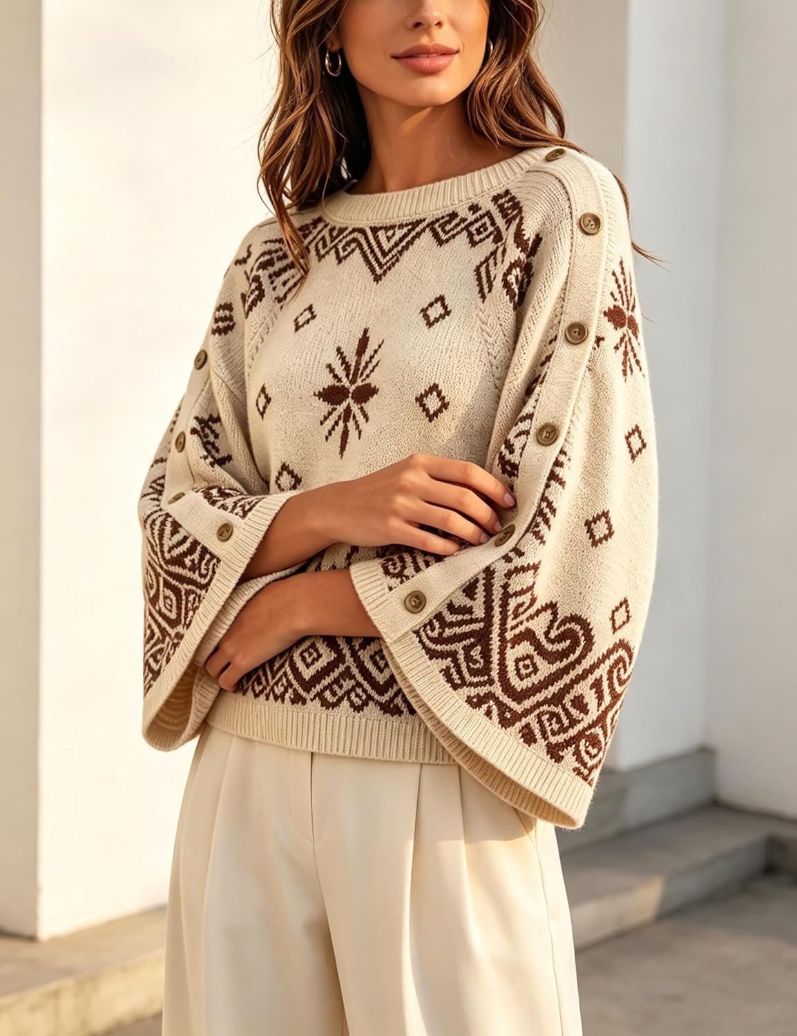 image:imageSpringrain Womens Boho Paisley Knit Sweater Wide Sleeve PulloverKhaki