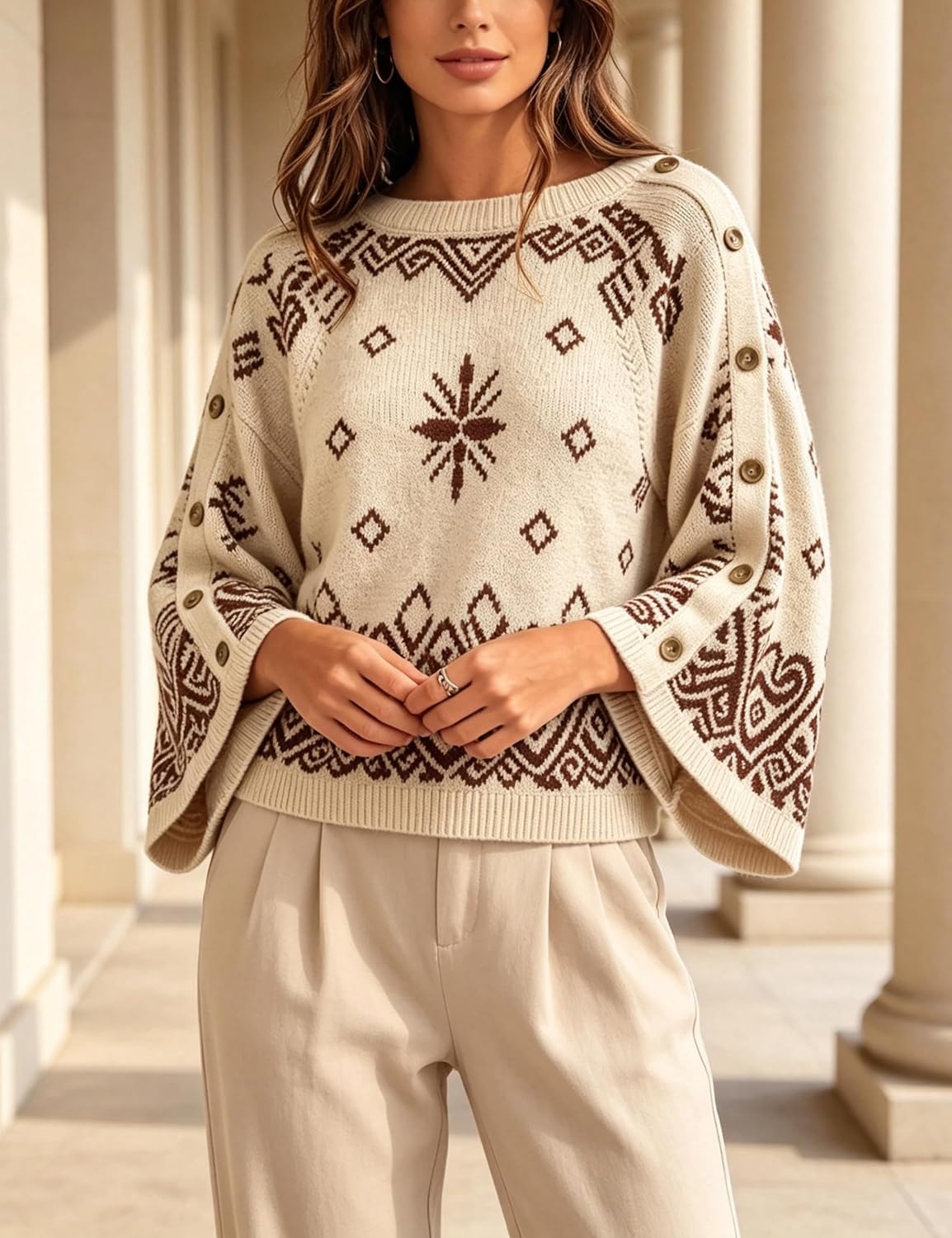 image:imageSpringrain Womens Boho Paisley Knit Sweater Wide Sleeve PulloverKhaki