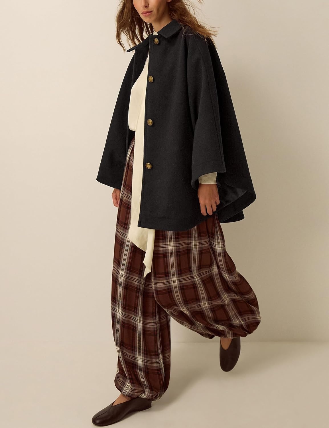 image:imageSpringrain Womens Collared Cape Coat Button Poncho JacketBlack