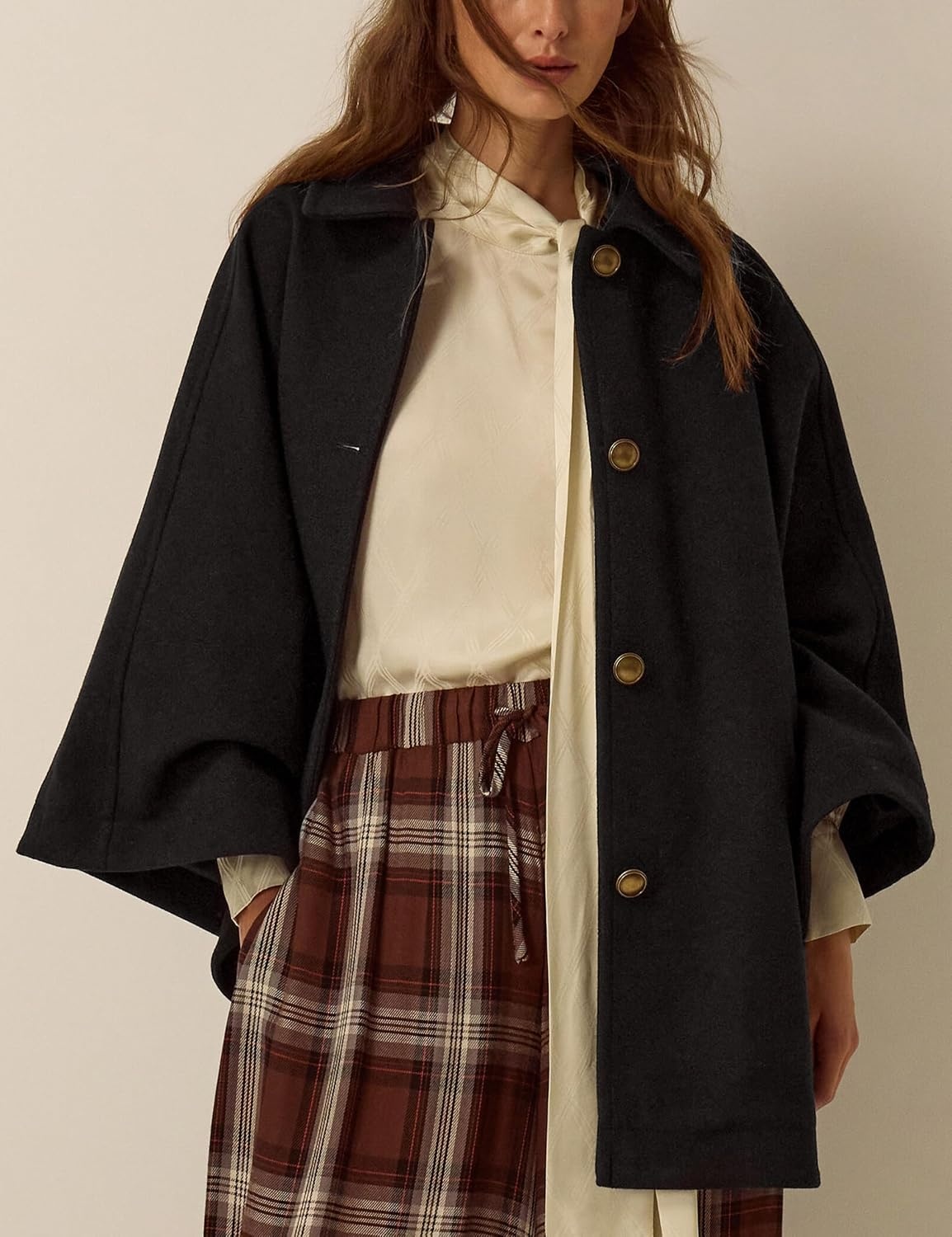 image:imageSpringrain Womens Collared Cape Coat Button Poncho JacketBlack