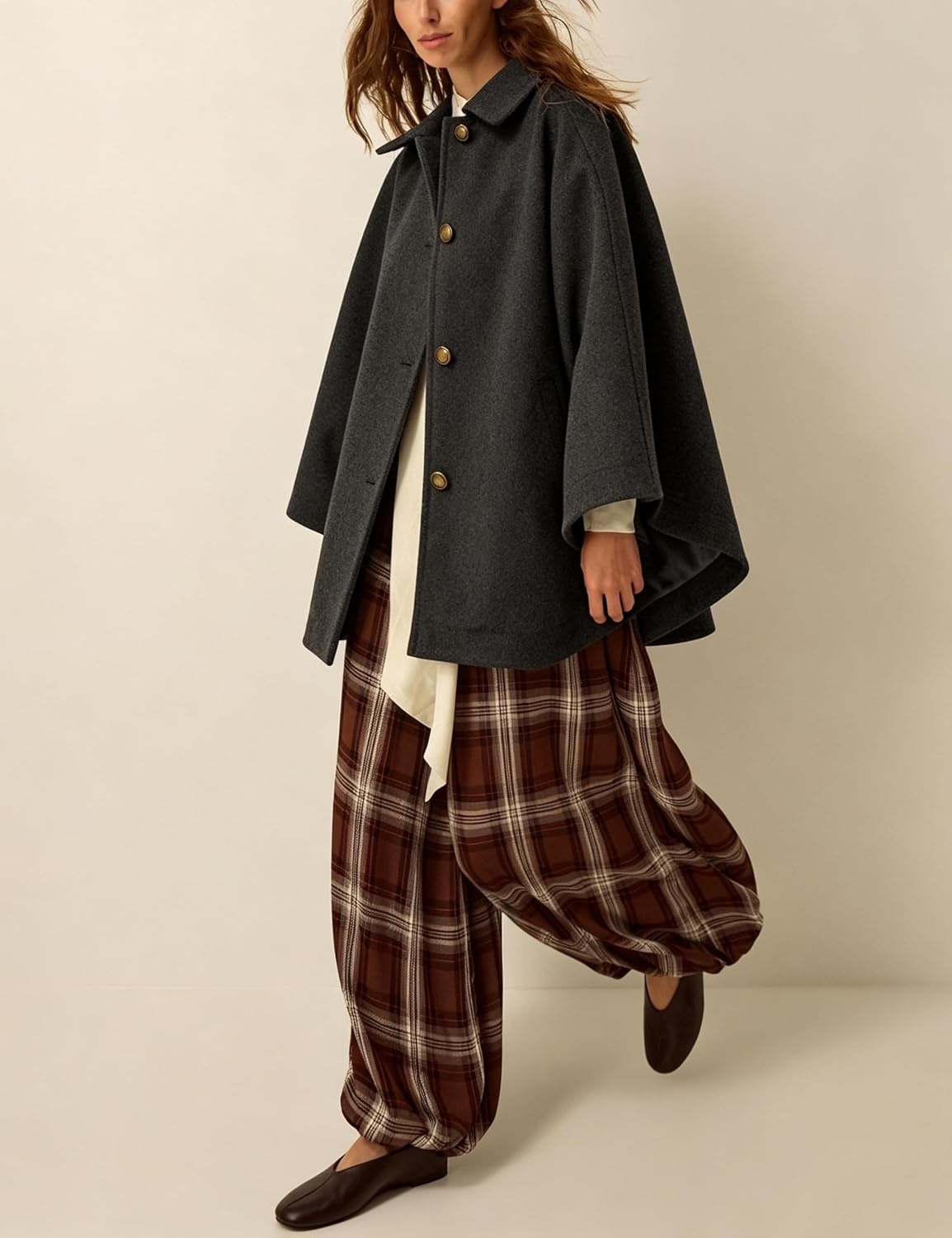 image:imageSpringrain Womens Collared Cape Coat Button Poncho JacketDarkgrey