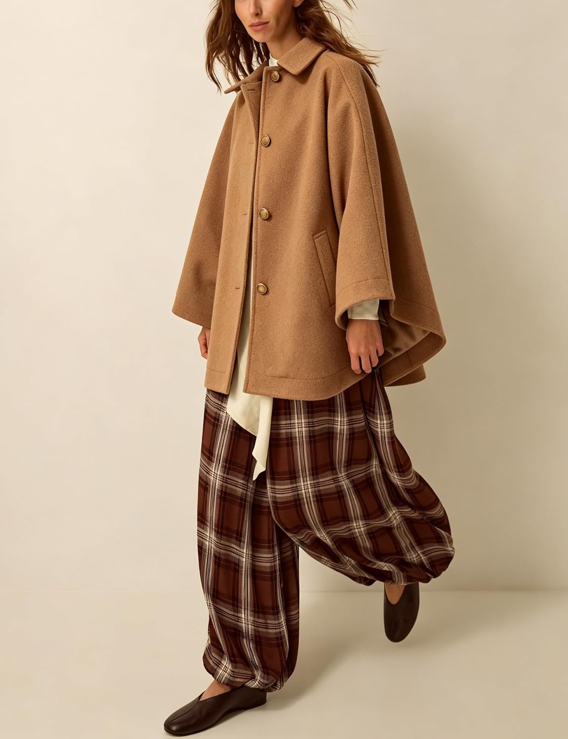 image:imageSpringrain Womens Collared Cape Coat Button Poncho JacketKhaki