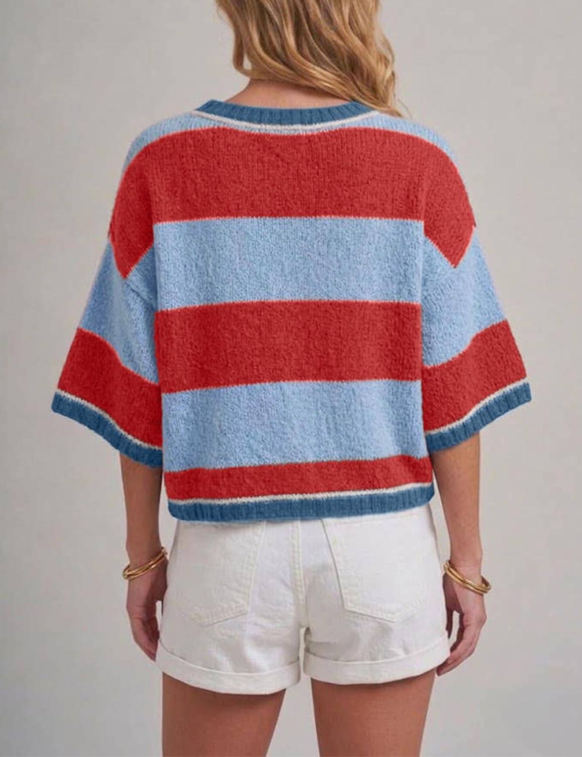 image:imageSpringrain Womens Color Block Cardigan Short Sleeve SweaterBlue