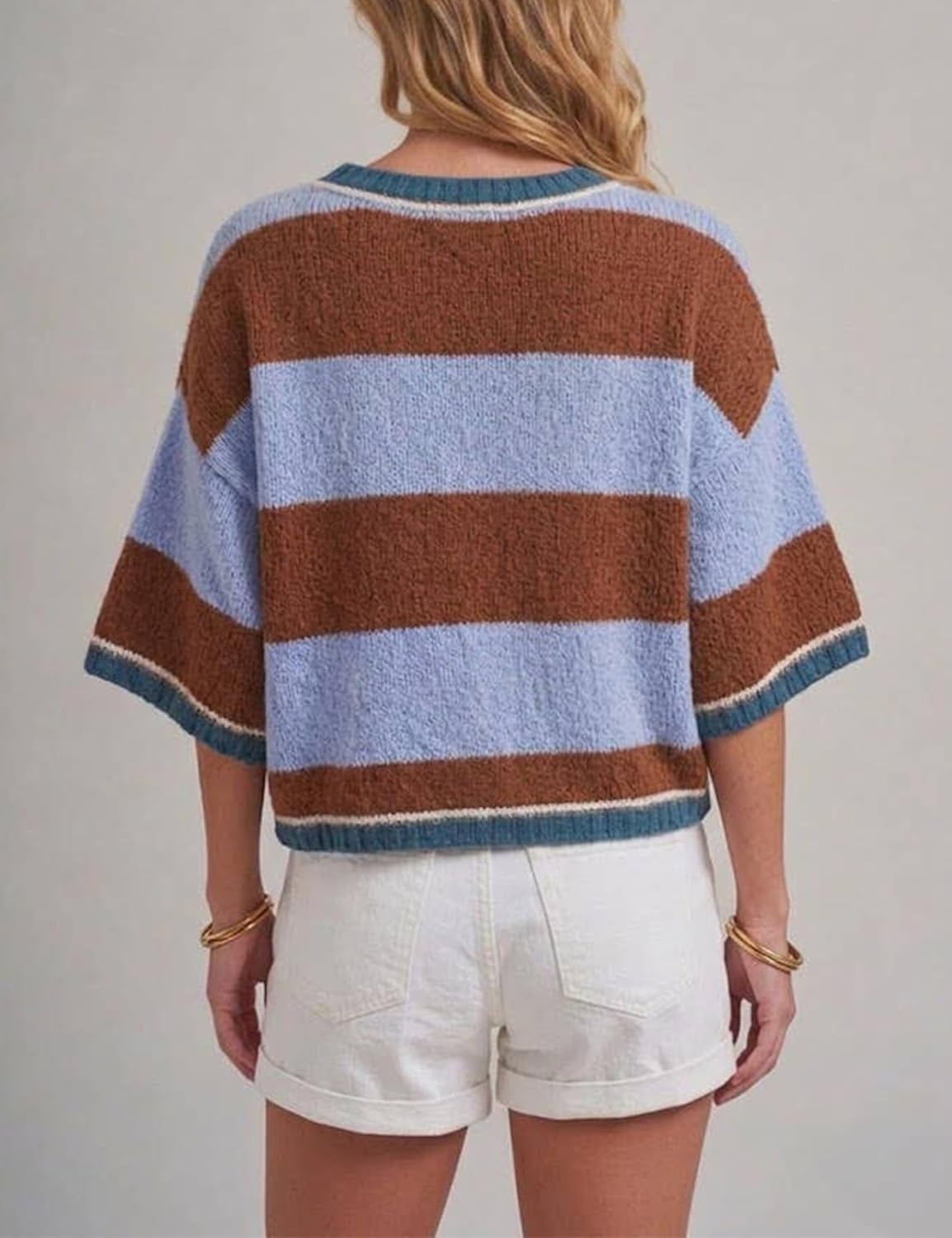 image:imageSpringrain Womens Color Block Cardigan Short Sleeve SweaterBrown