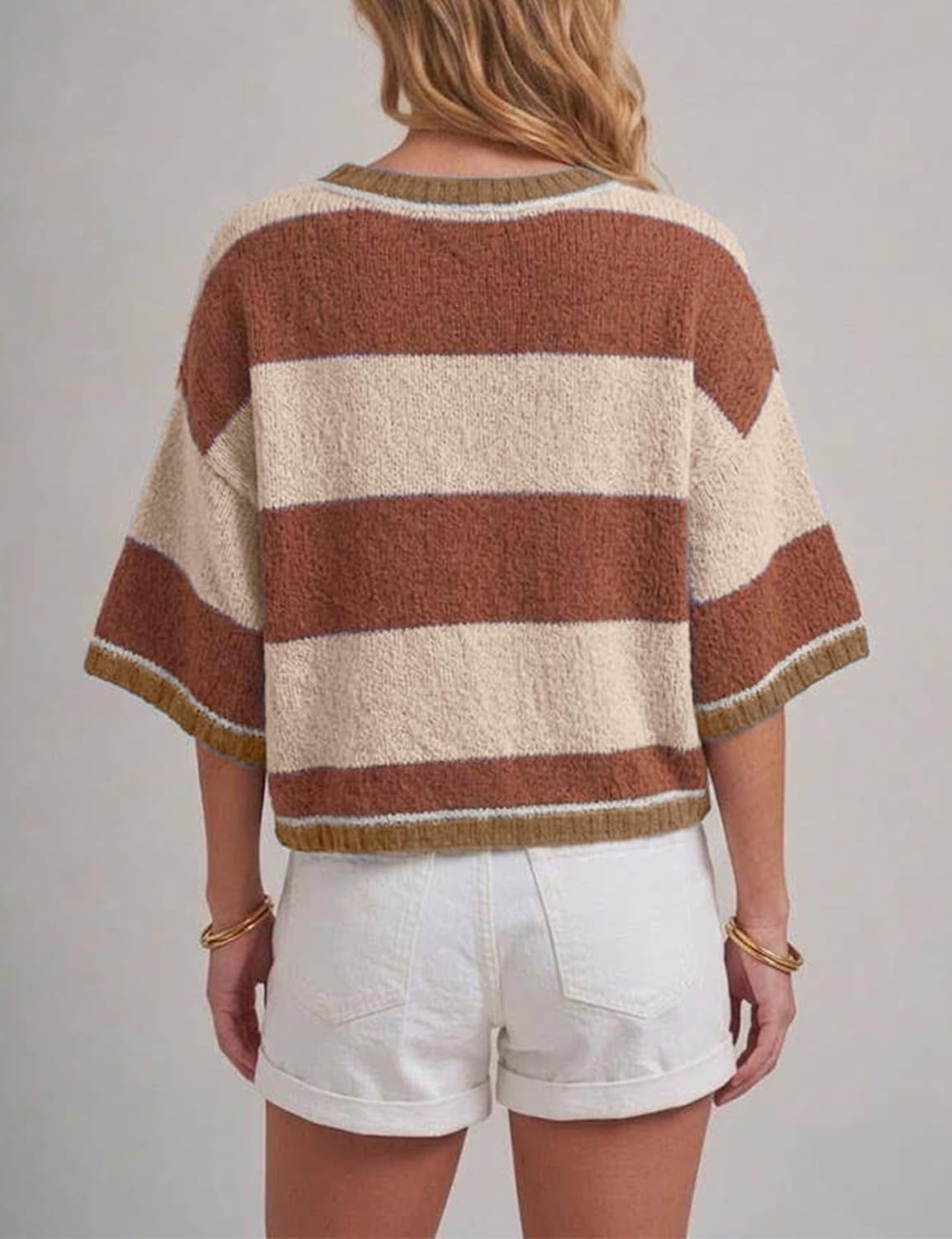 image:imageSpringrain Womens Color Block Cardigan Short Sleeve SweaterKhaki