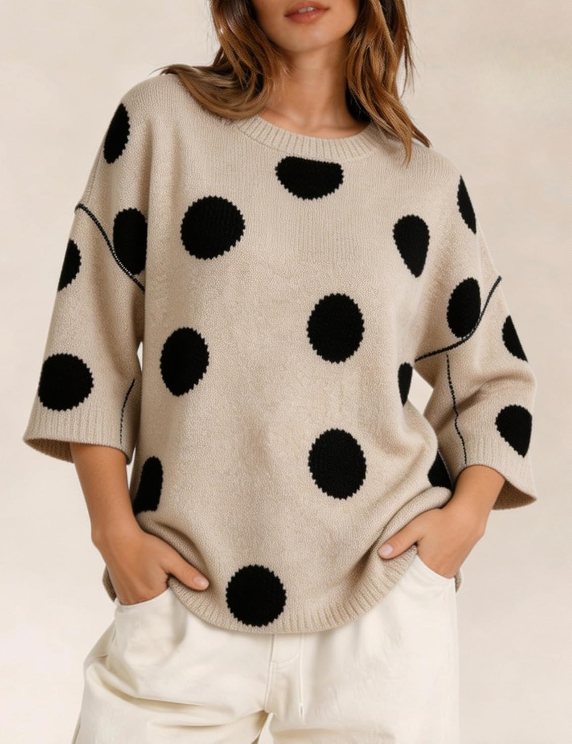 image:imageSpringrain Womens Contrasting PolkaDot Print 34 Sleeve Pullover SweaterBeige