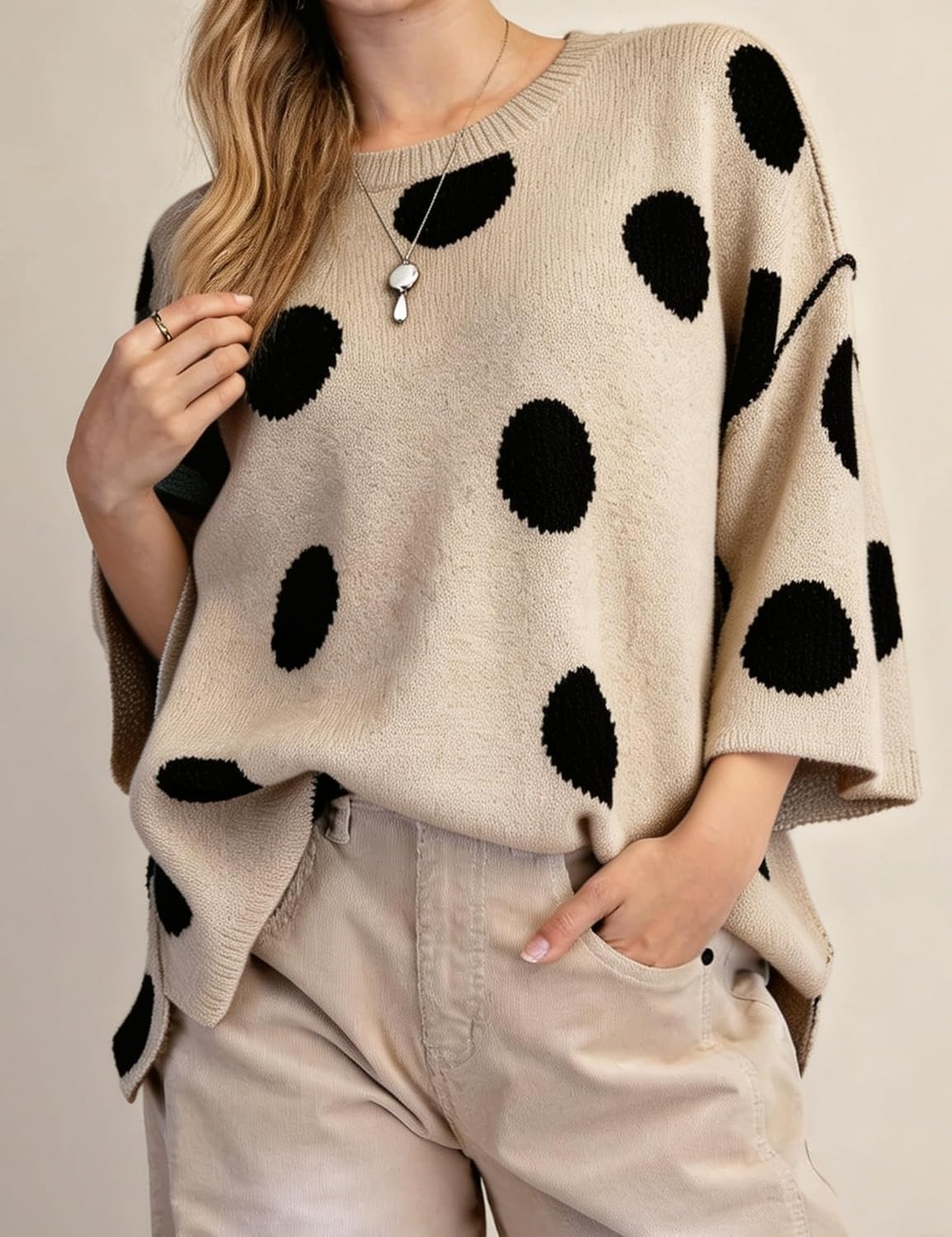 image:imageSpringrain Womens Contrasting PolkaDot Print 34 Sleeve Pullover SweaterBeige