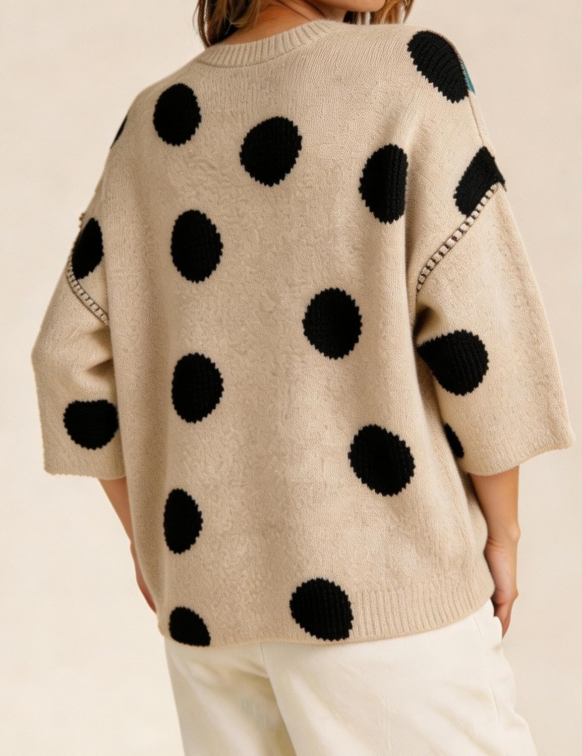 image:imageSpringrain Womens Contrasting PolkaDot Print 34 Sleeve Pullover SweaterBeige