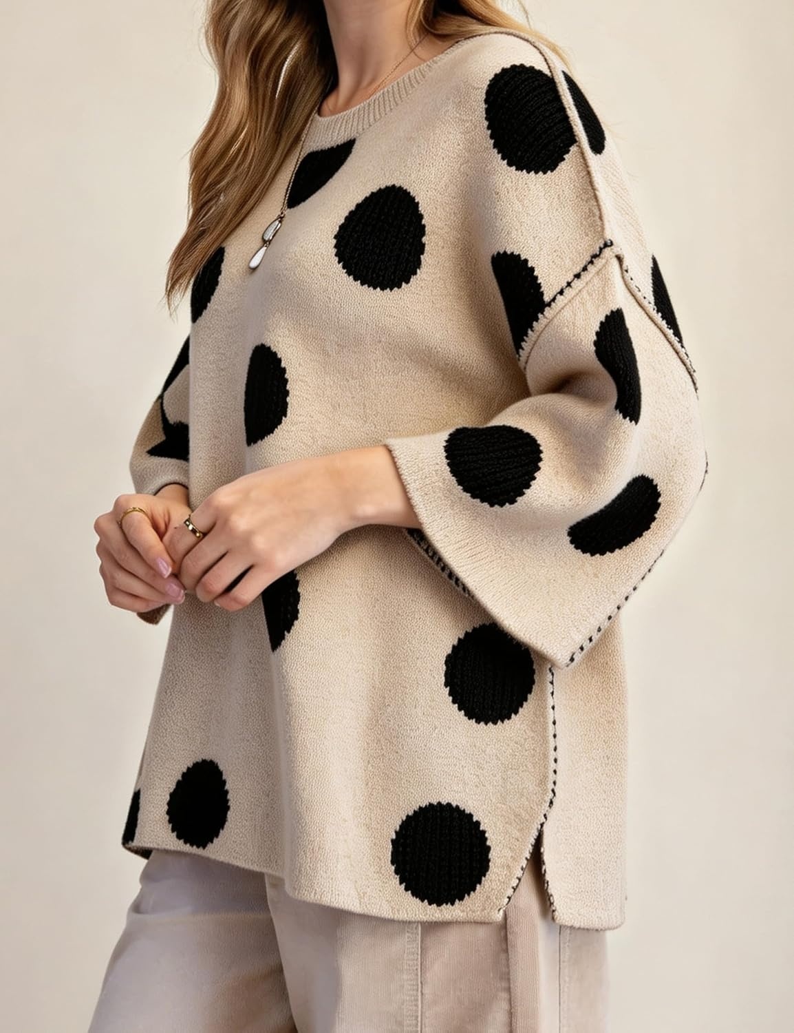 image:imageSpringrain Womens Contrasting PolkaDot Print 34 Sleeve Pullover SweaterBeige
