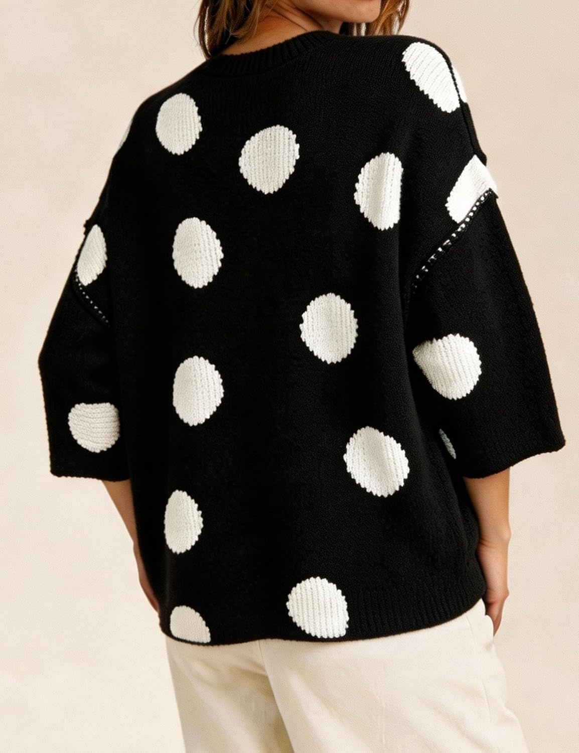 image:imageSpringrain Womens Contrasting PolkaDot Print 34 Sleeve Pullover SweaterBlack