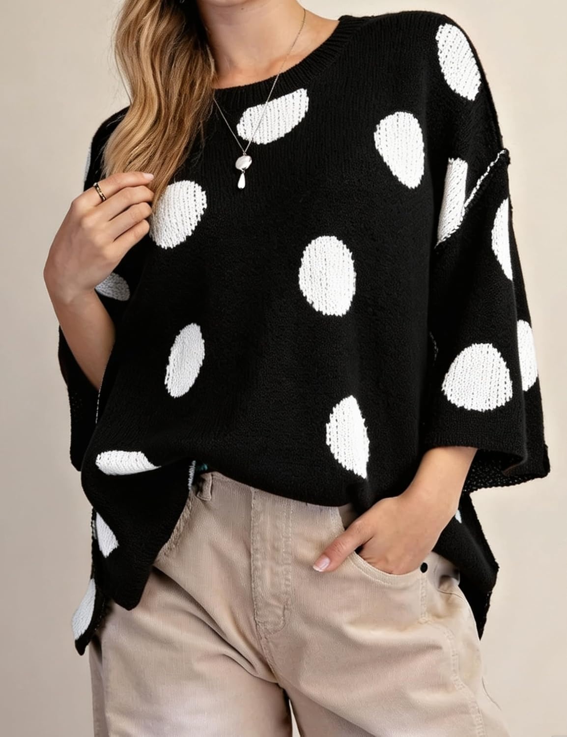 image:imageSpringrain Womens Contrasting PolkaDot Print 34 Sleeve Pullover SweaterBlack