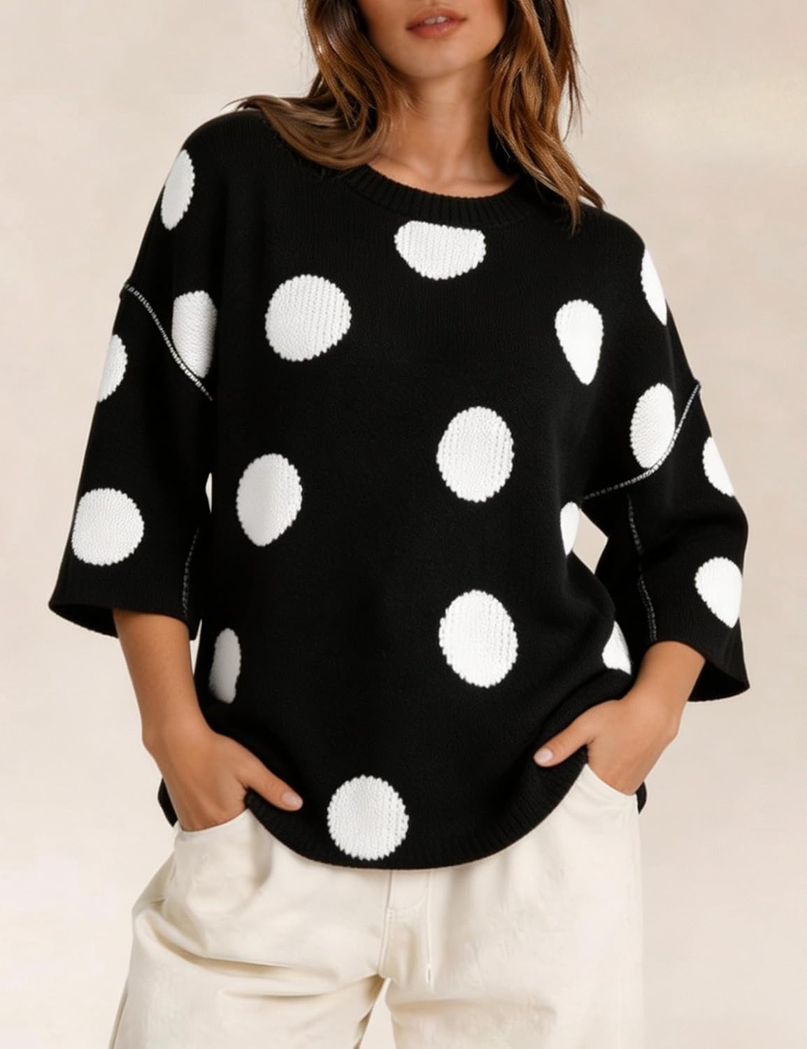 image:imageSpringrain Womens Contrasting PolkaDot Print 34 Sleeve Pullover SweaterBlack