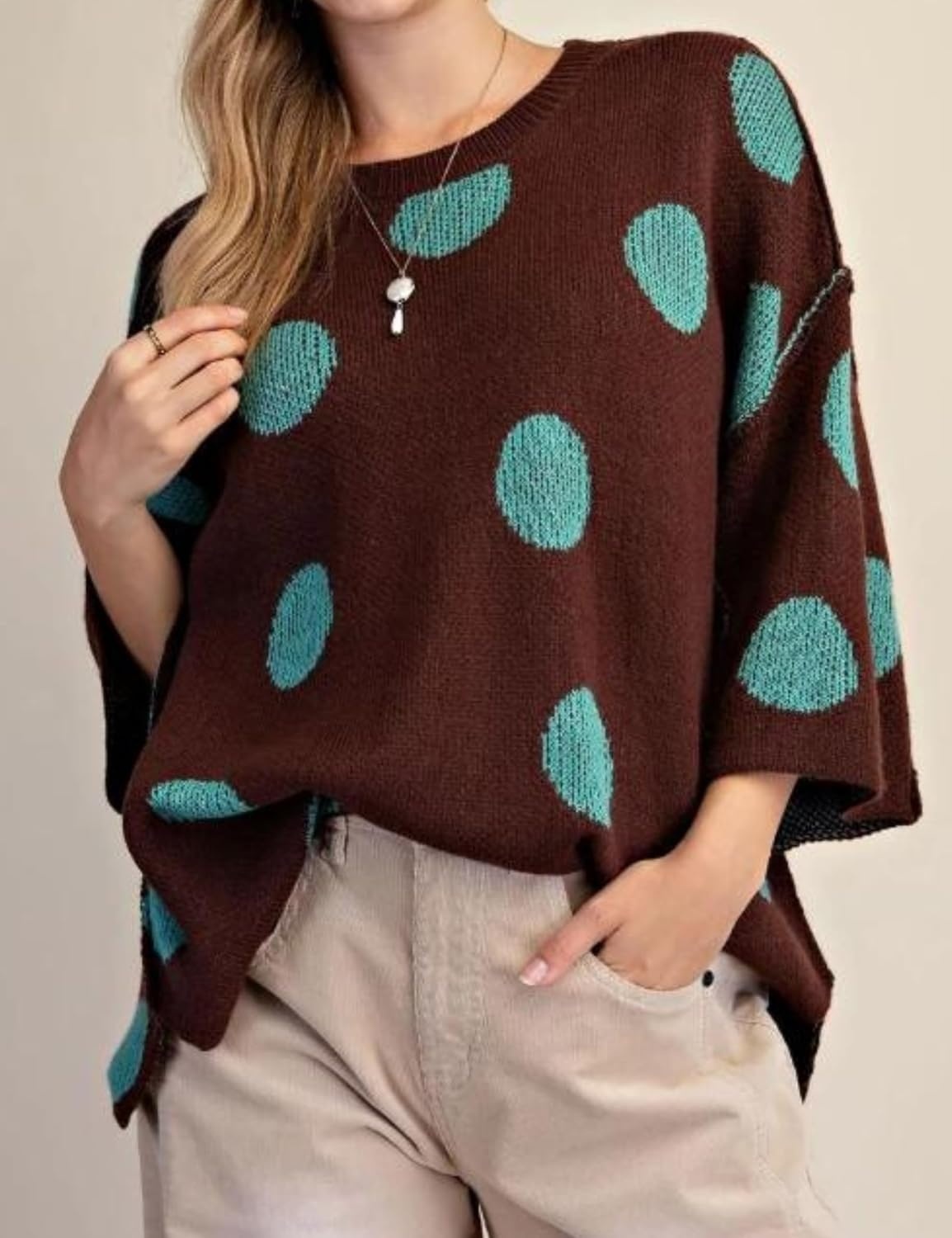 image:imageSpringrain Womens Contrasting PolkaDot Print 34 Sleeve Pullover SweaterBrown