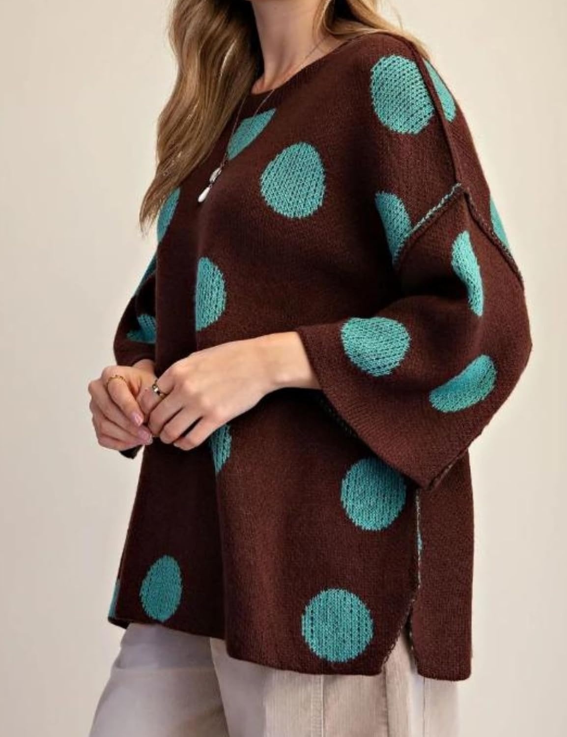 image:imageSpringrain Womens Contrasting PolkaDot Print 34 Sleeve Pullover SweaterBrown