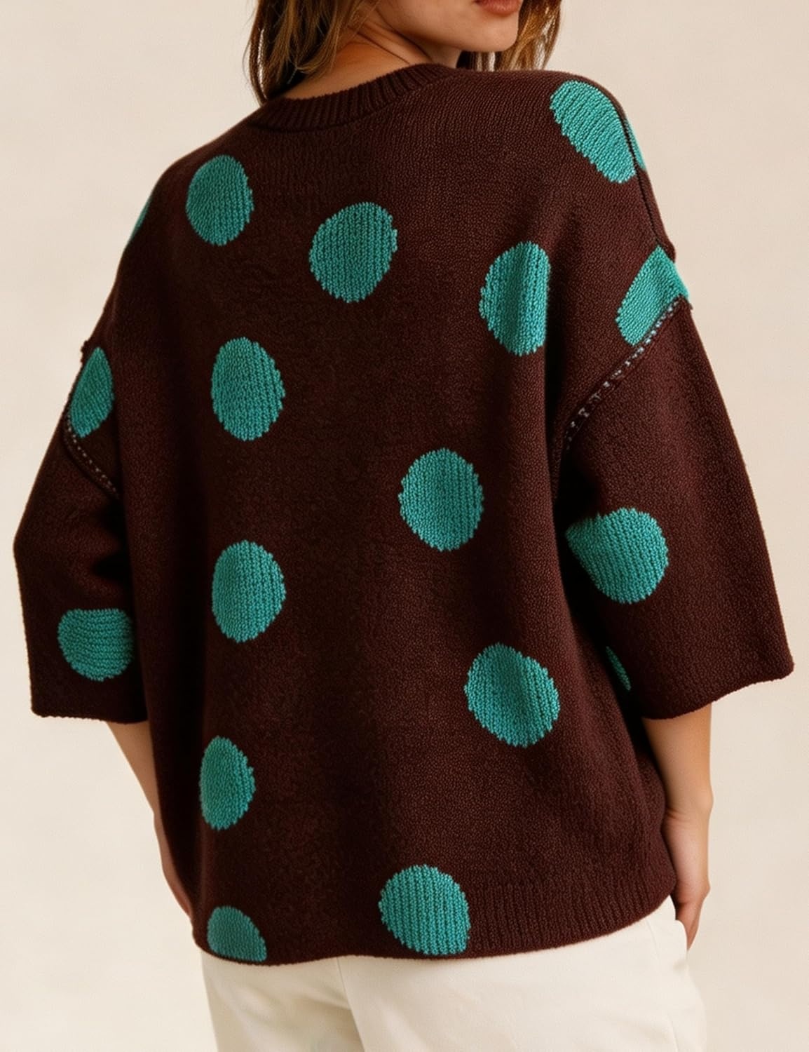 image:imageSpringrain Womens Contrasting PolkaDot Print 34 Sleeve Pullover SweaterBrown