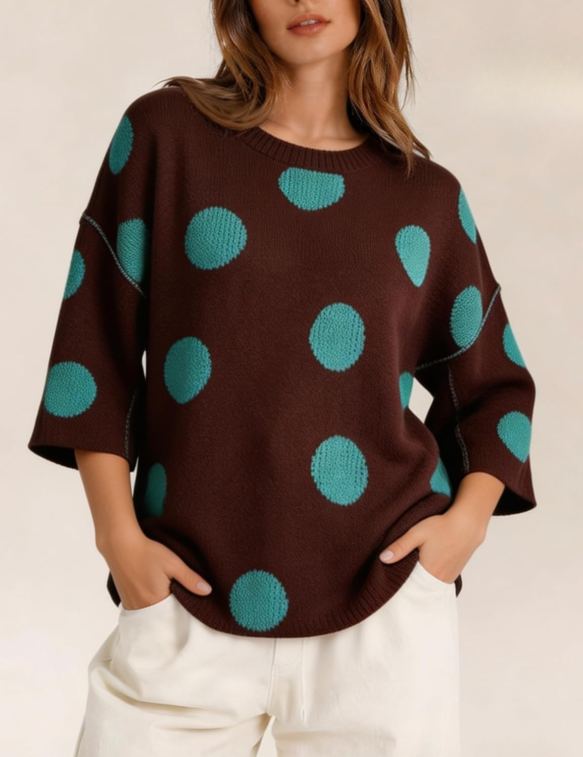 image:imageSpringrain Womens Contrasting PolkaDot Print 34 Sleeve Pullover SweaterBrown