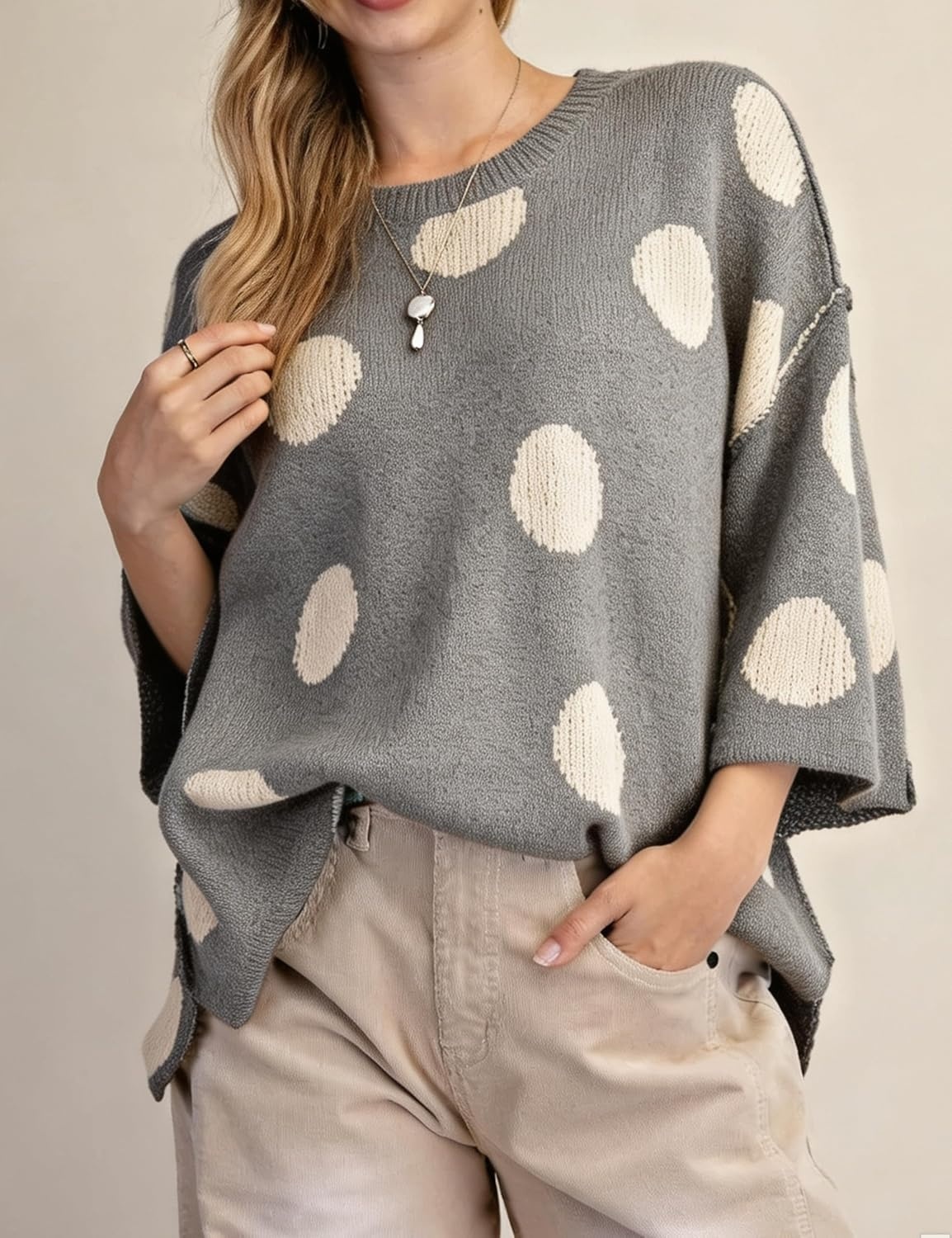 image:imageSpringrain Womens Contrasting PolkaDot Print 34 Sleeve Pullover SweaterGrey