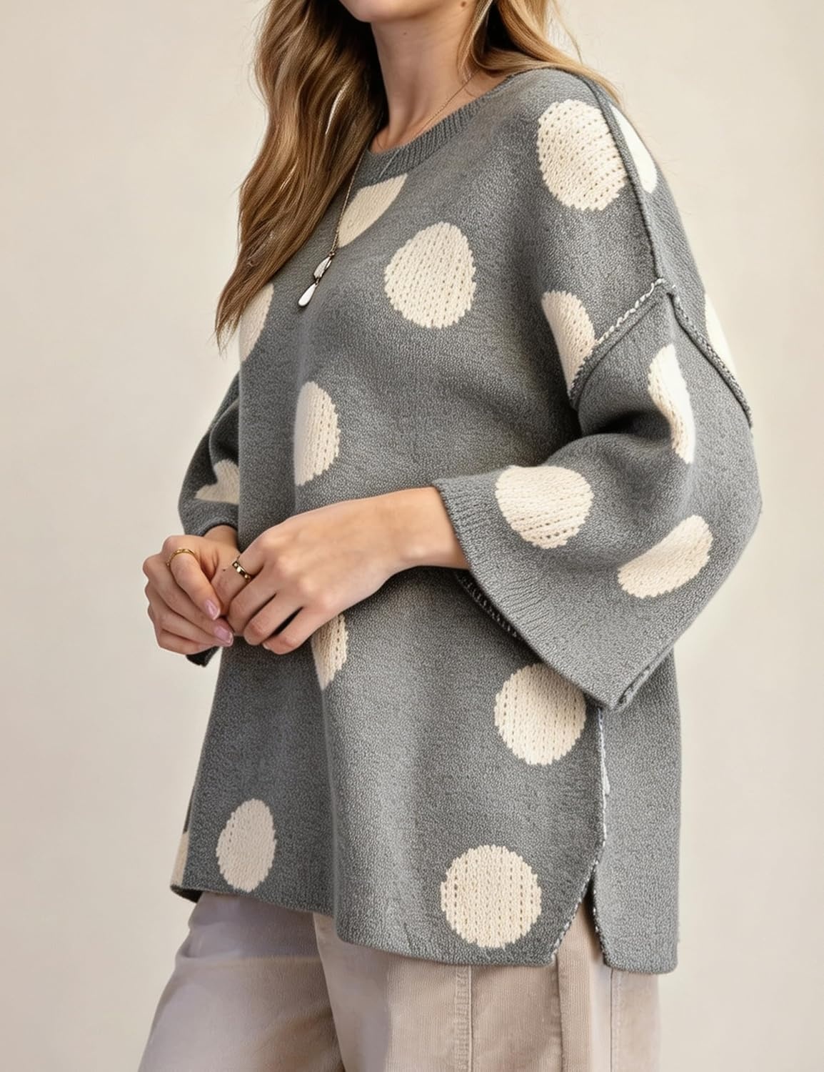 image:imageSpringrain Womens Contrasting PolkaDot Print 34 Sleeve Pullover SweaterGrey
