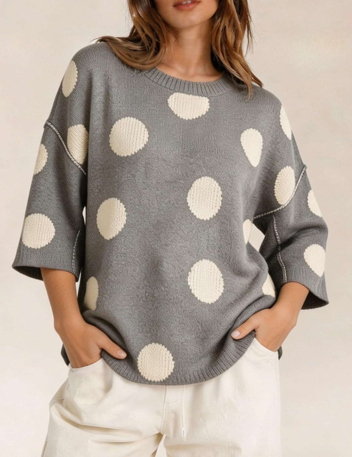image:imageSpringrain Womens Contrasting PolkaDot Print 34 Sleeve Pullover SweaterGrey