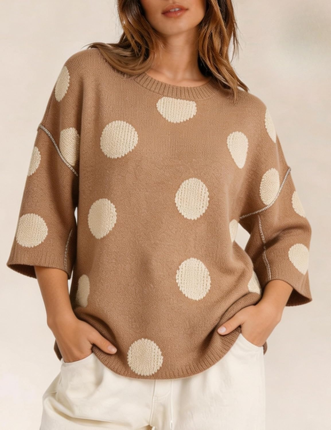 image:imageSpringrain Womens Contrasting PolkaDot Print 34 Sleeve Pullover SweaterKhaki
