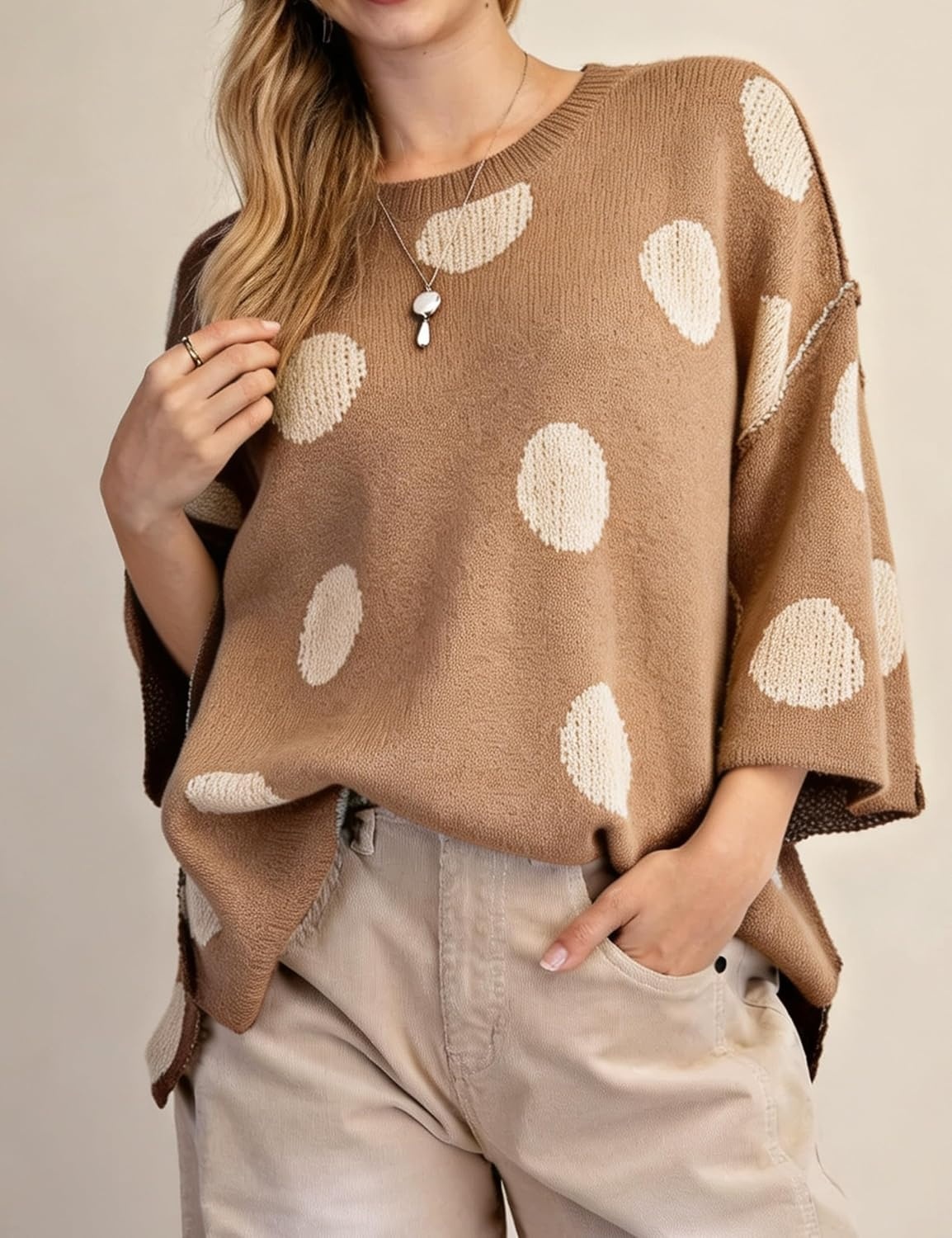 image:imageSpringrain Womens Contrasting PolkaDot Print 34 Sleeve Pullover SweaterKhaki