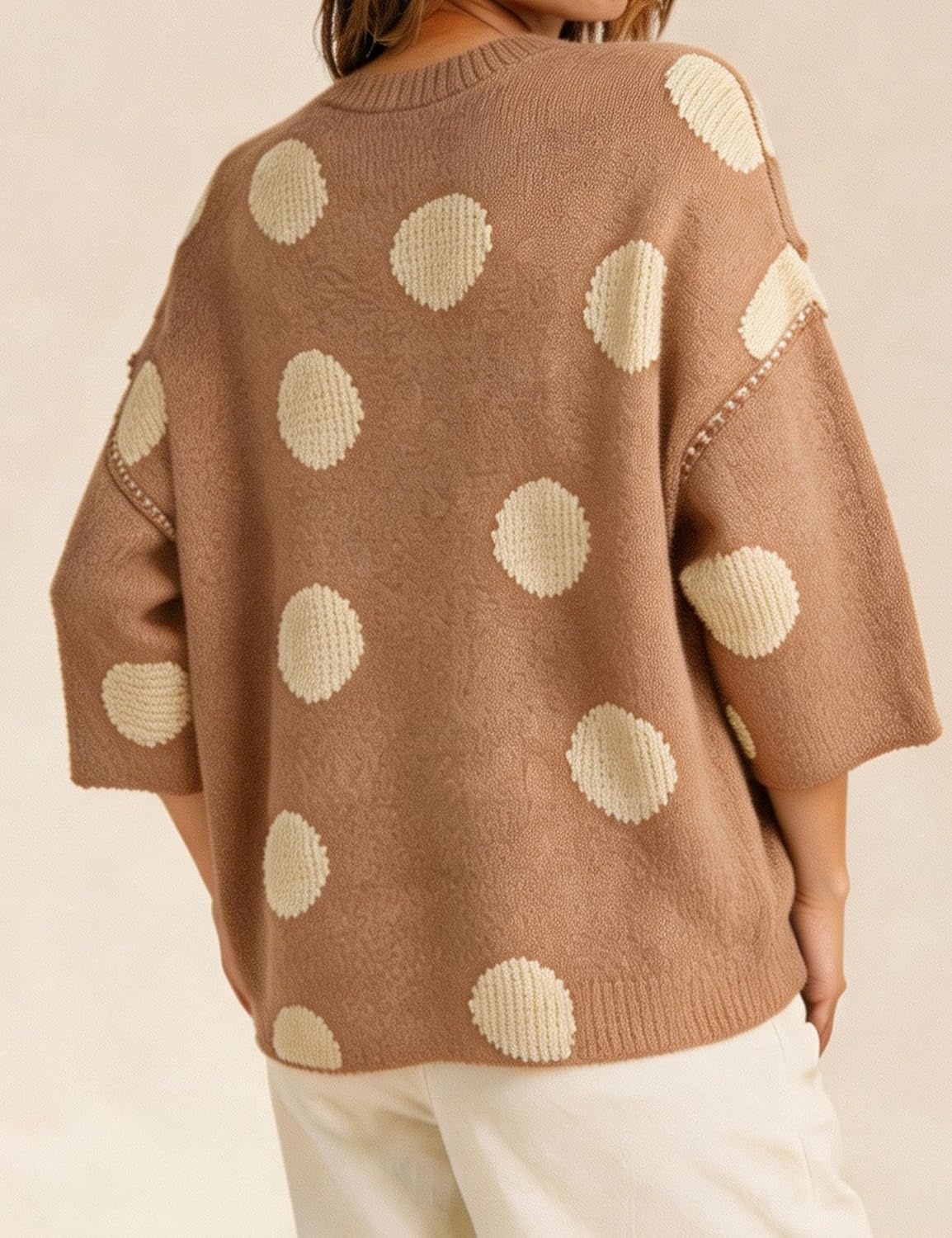 image:imageSpringrain Womens Contrasting PolkaDot Print 34 Sleeve Pullover SweaterKhaki