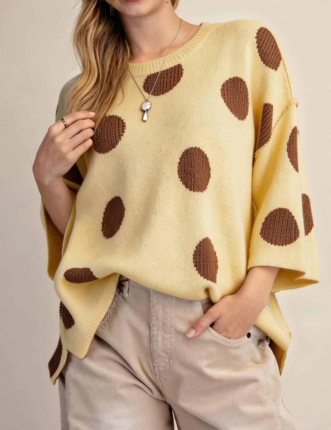 image:imageSpringrain Womens Contrasting PolkaDot Print 34 Sleeve Pullover SweaterYellow