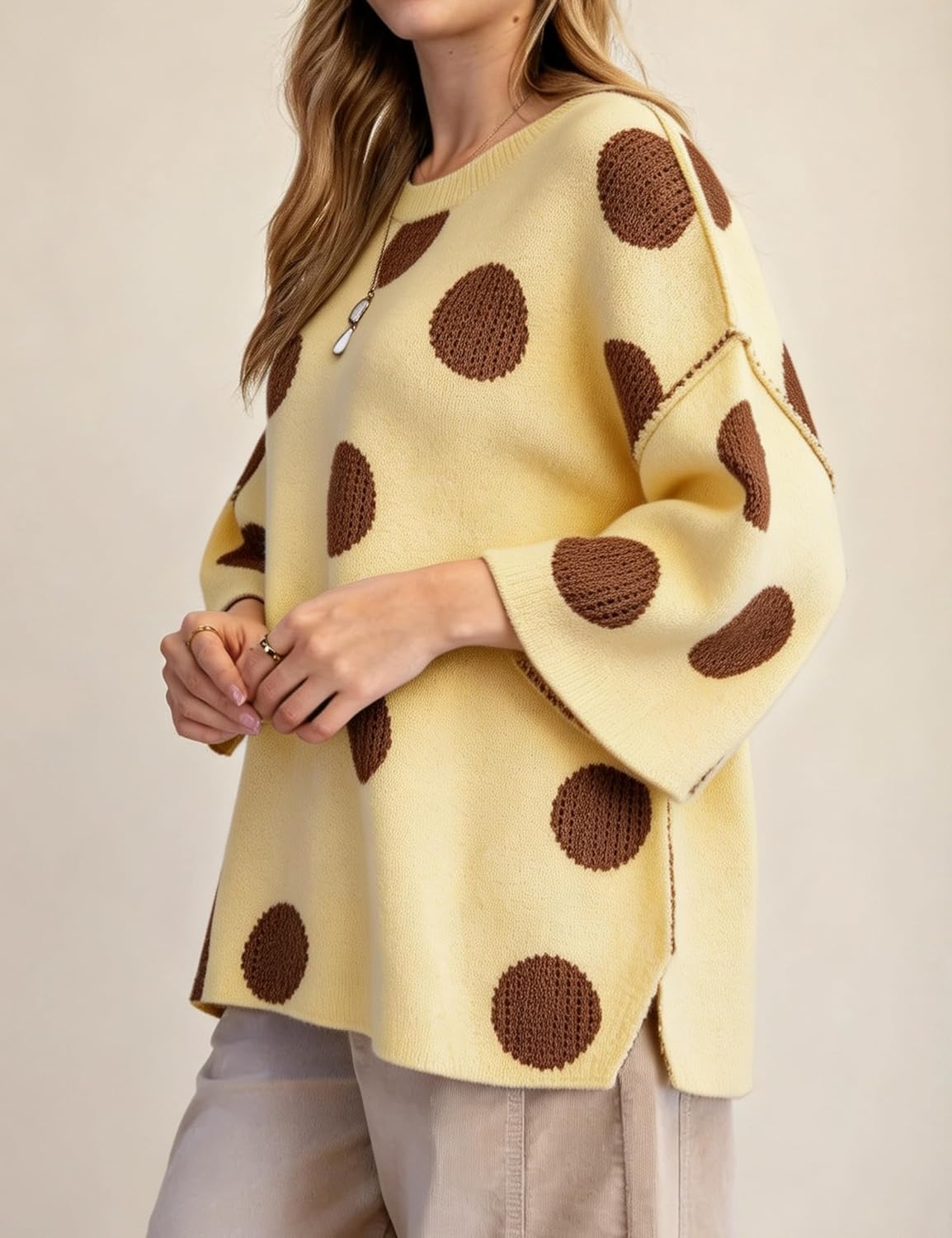 image:imageSpringrain Womens Contrasting PolkaDot Print 34 Sleeve Pullover SweaterYellow