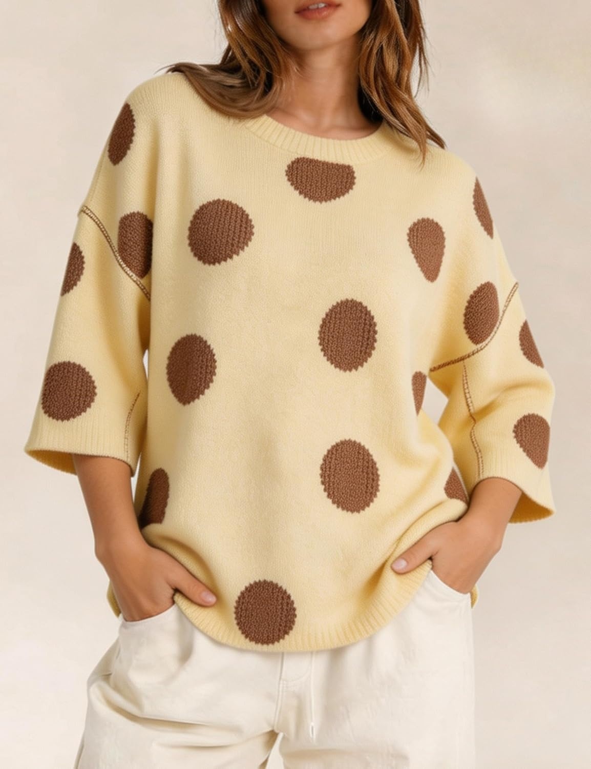image:imageSpringrain Womens Contrasting PolkaDot Print 34 Sleeve Pullover SweaterYellow
