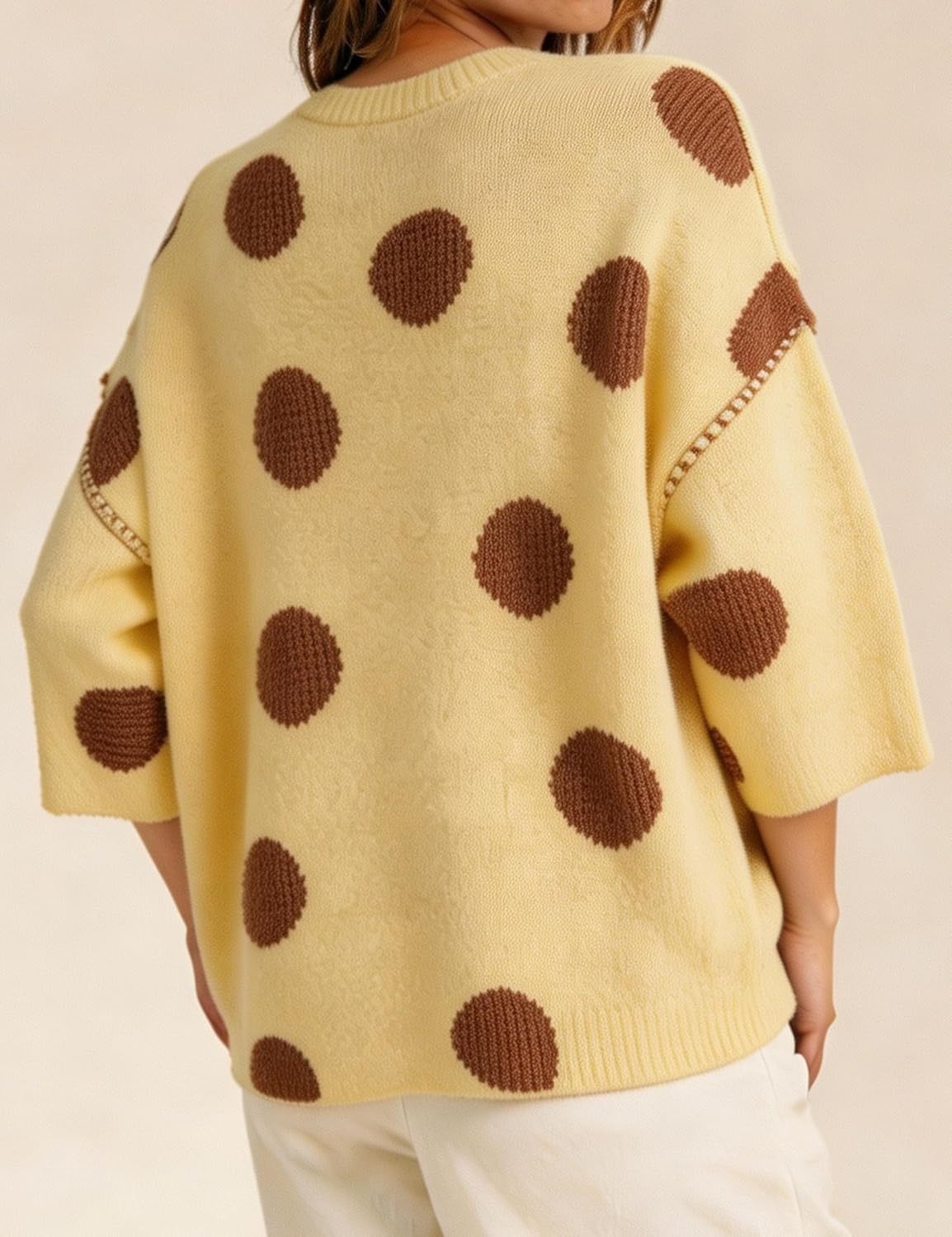 image:imageSpringrain Womens Contrasting PolkaDot Print 34 Sleeve Pullover SweaterYellow