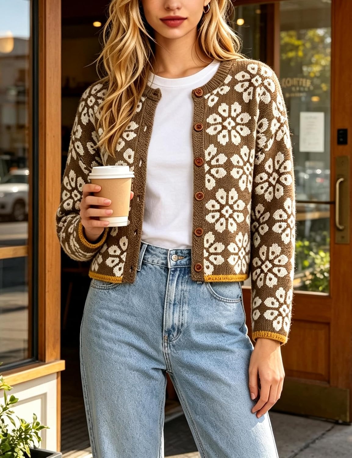 image:imageSpringrain Womens Floral Cropped Cardigan Button Knit SweaterBrown