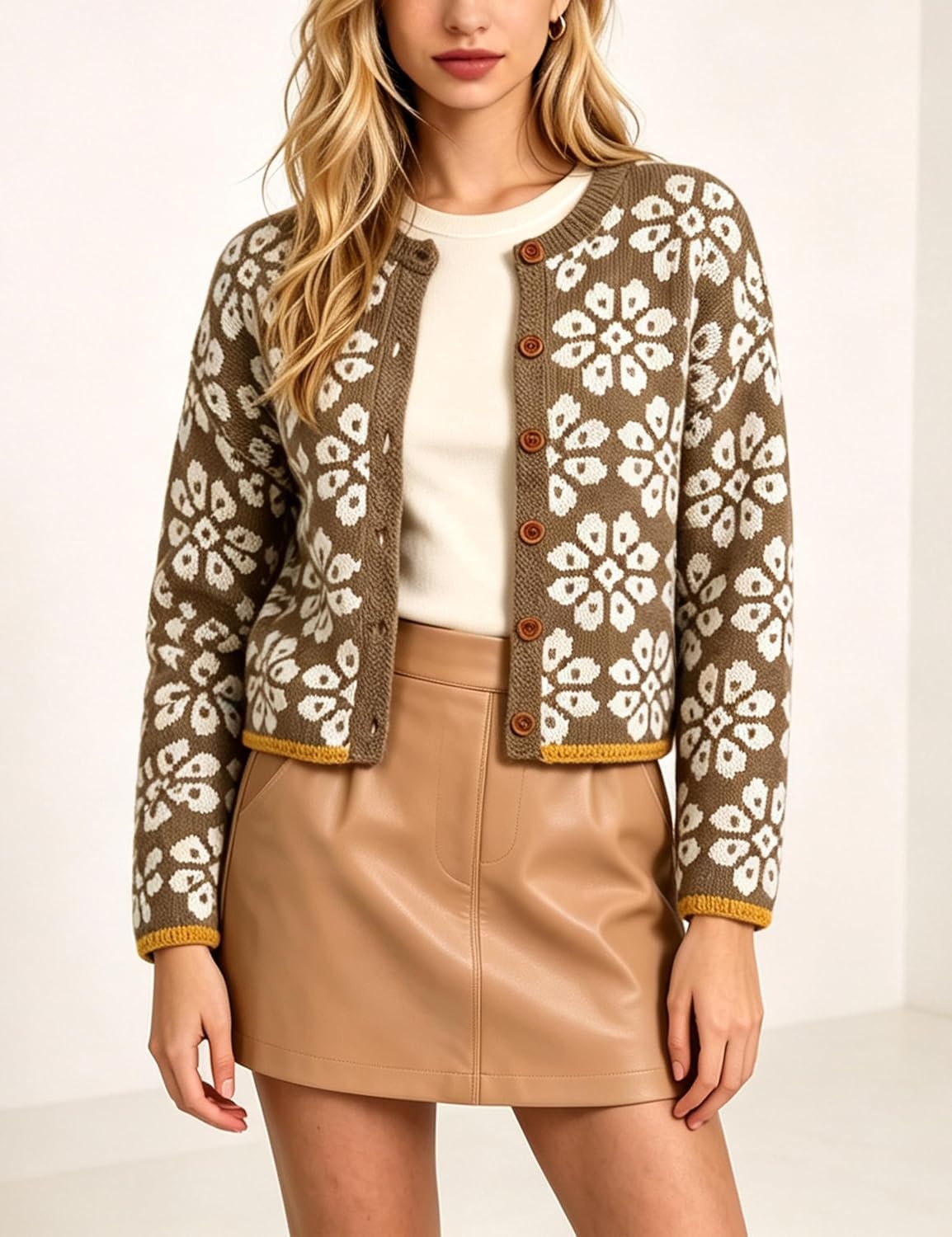 image:imageSpringrain Womens Floral Cropped Cardigan Button Knit SweaterBrown