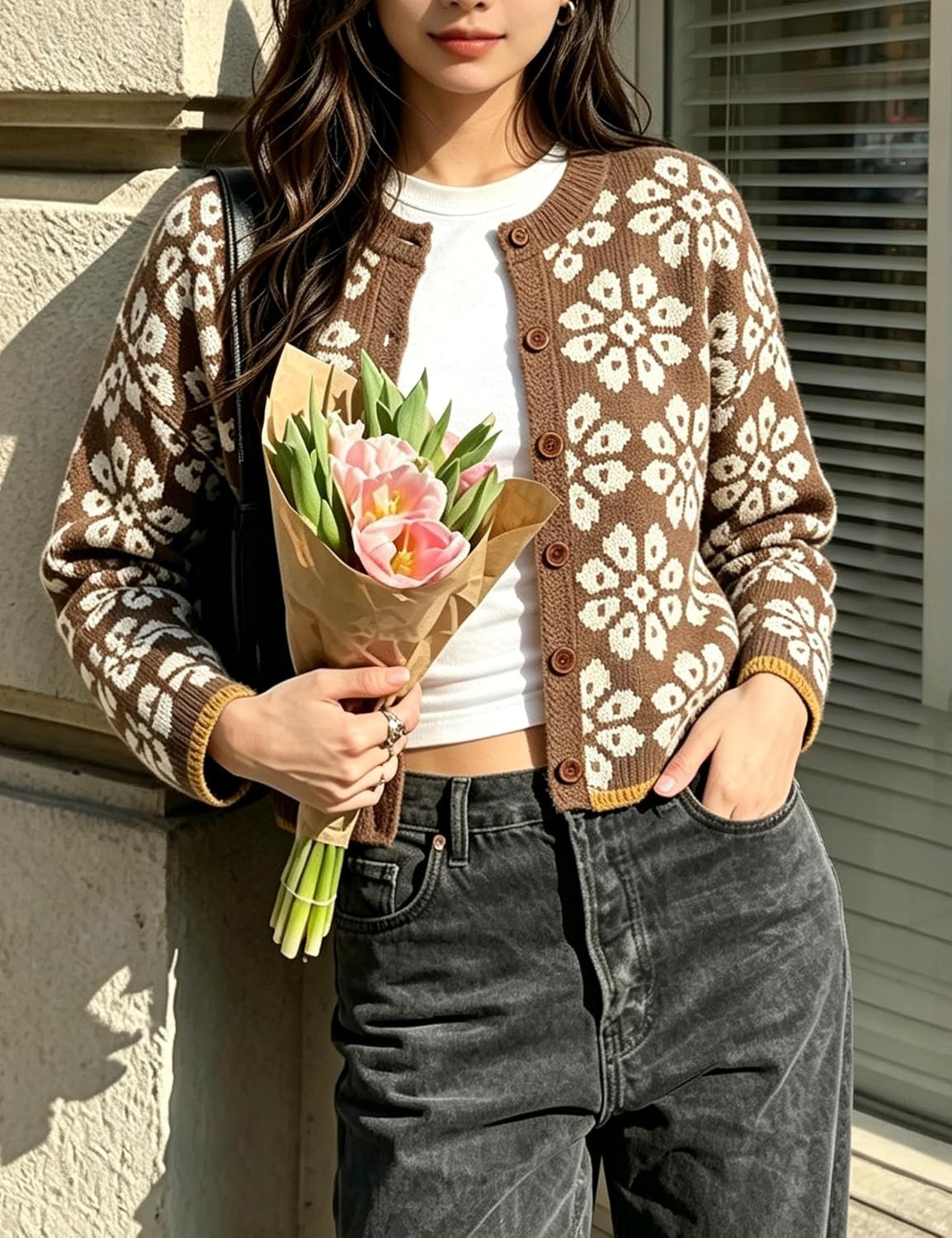 image:imageSpringrain Womens Floral Cropped Cardigan Button Knit SweaterBrown