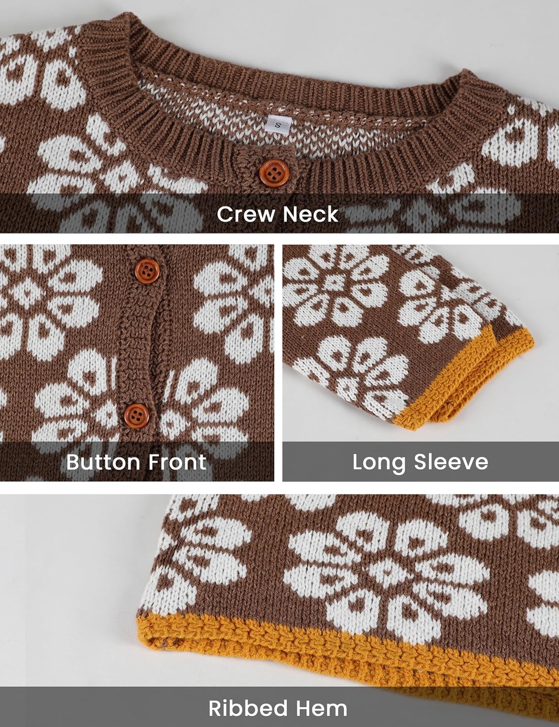 image:imageSpringrain Womens Floral Cropped Cardigan Button Knit SweaterBrown