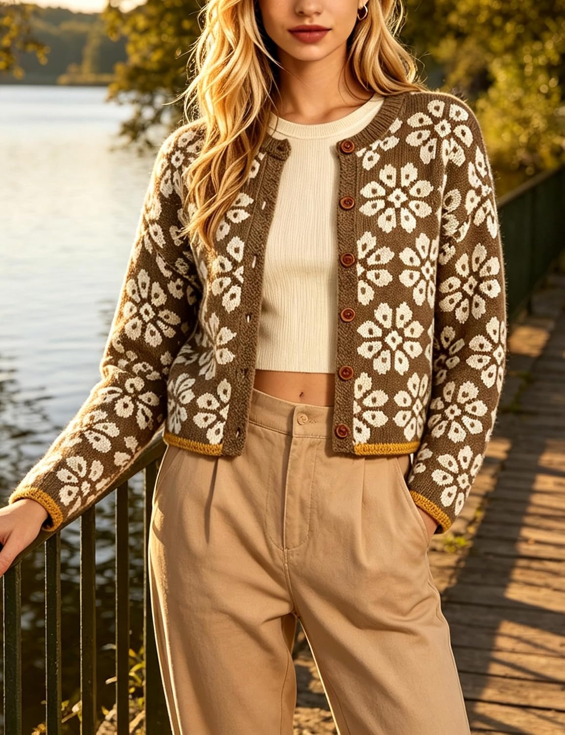 image:imageSpringrain Womens Floral Cropped Cardigan Button Knit SweaterBrown