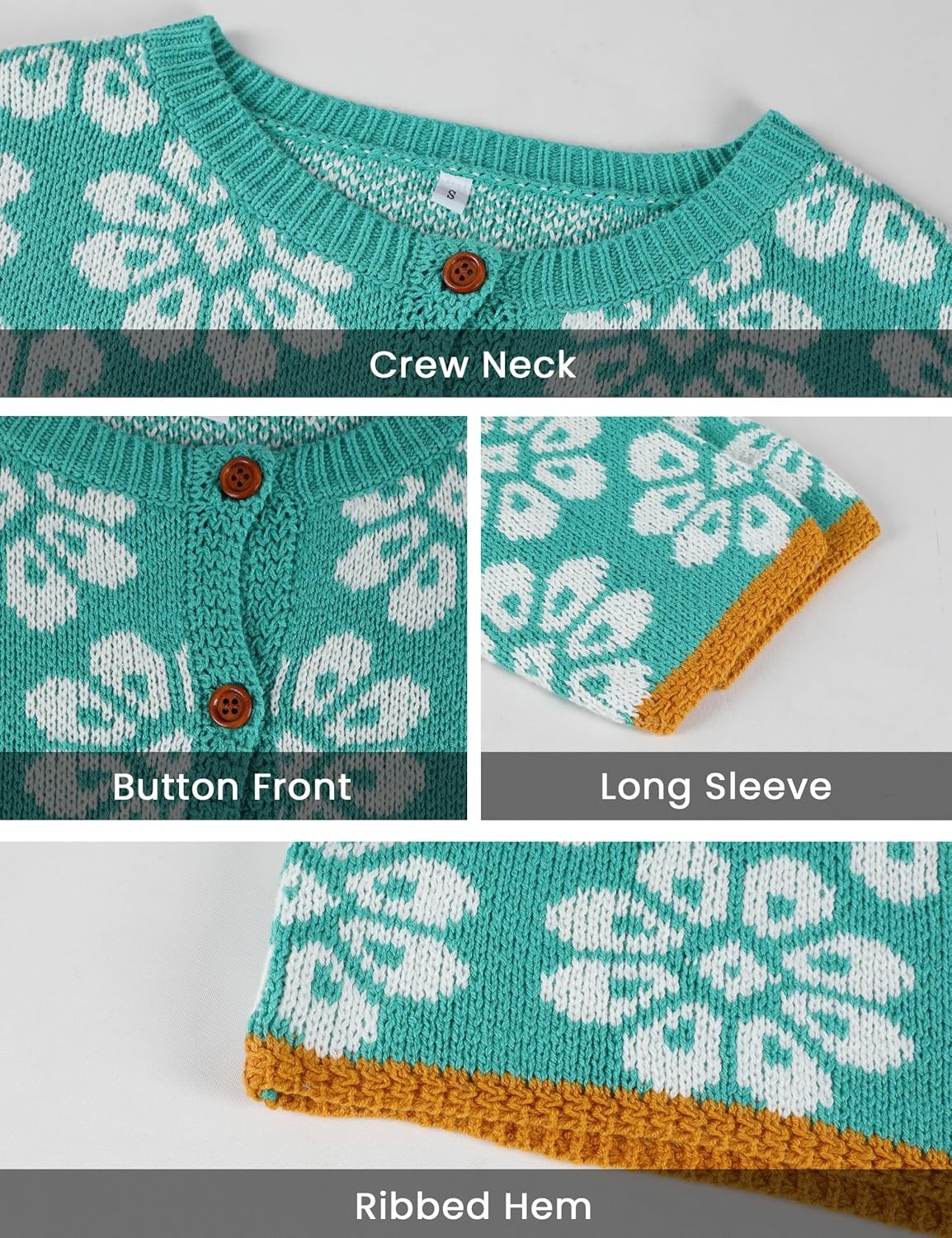image:imageSpringrain Womens Floral Cropped Cardigan Button Knit SweaterGreen