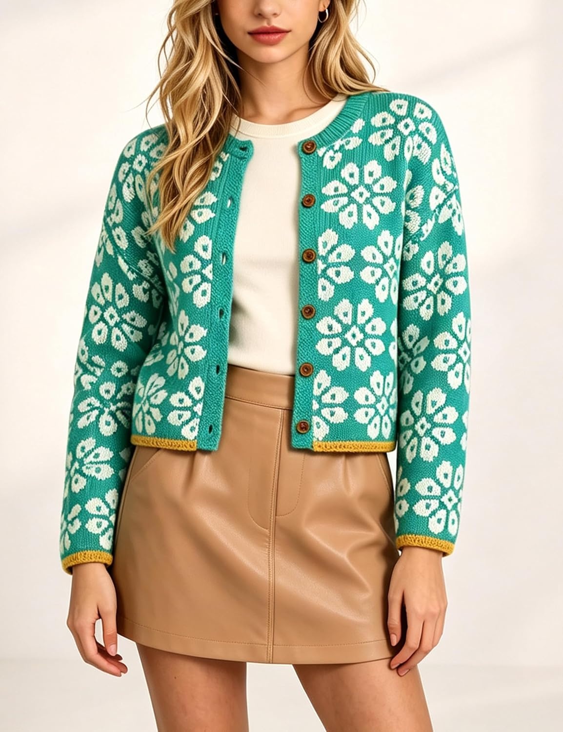 image:imageSpringrain Womens Floral Cropped Cardigan Button Knit SweaterGreen