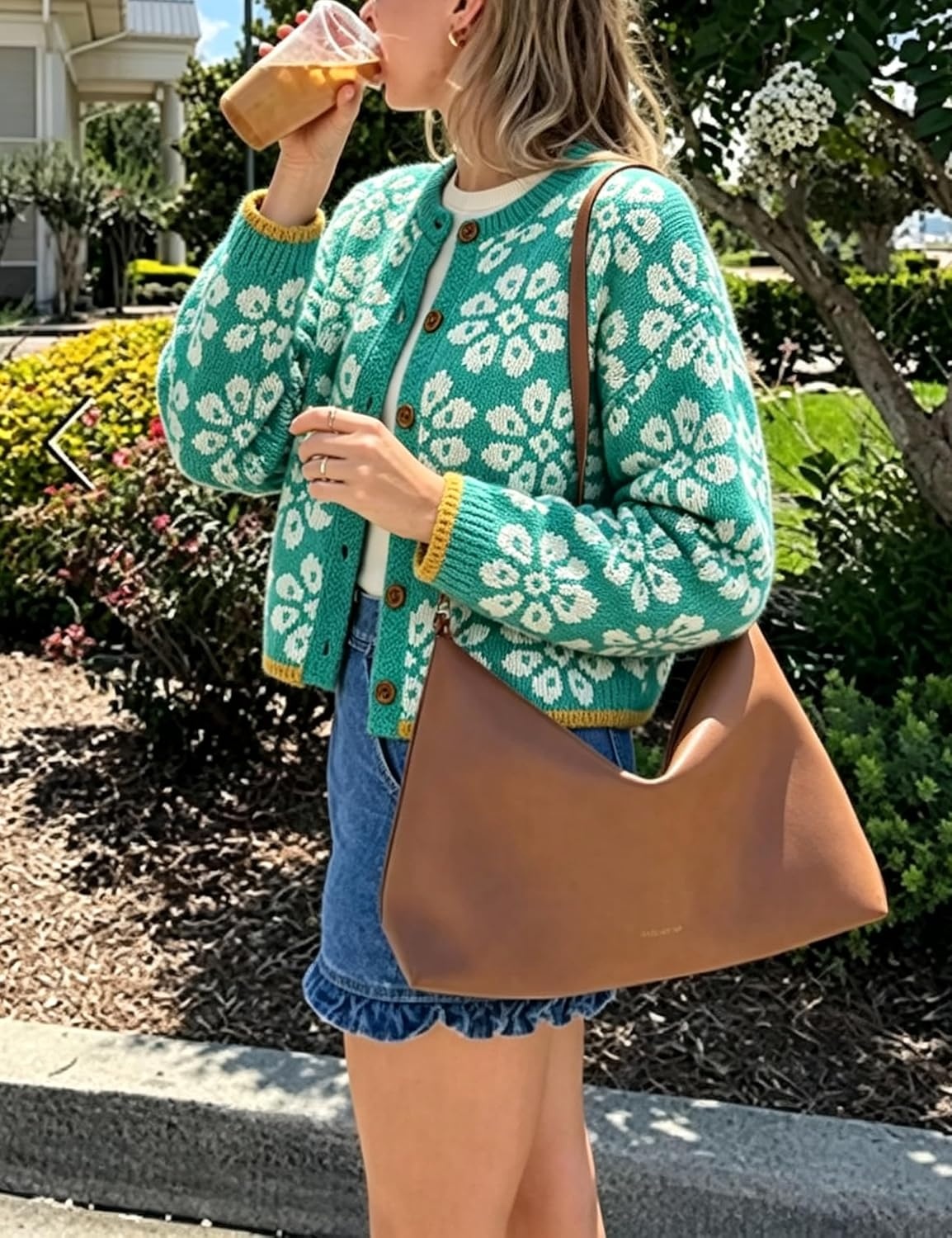 image:imageSpringrain Womens Floral Cropped Cardigan Button Knit SweaterGreen