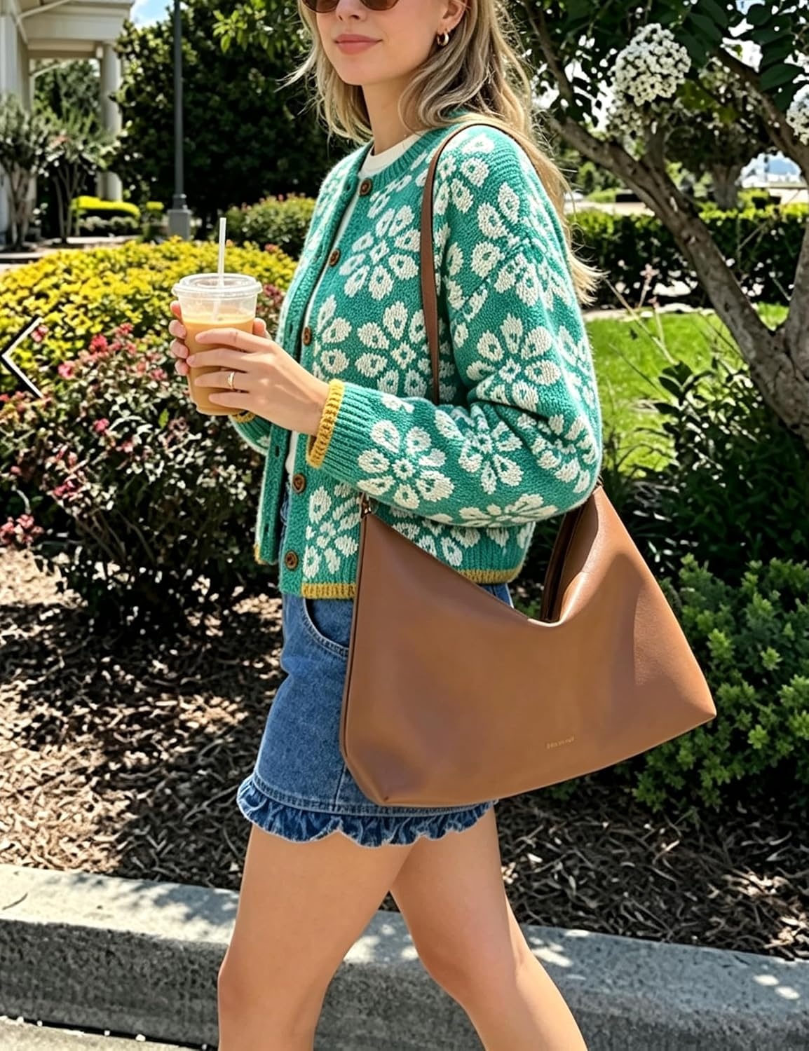 image:imageSpringrain Womens Floral Cropped Cardigan Button Knit SweaterGreen