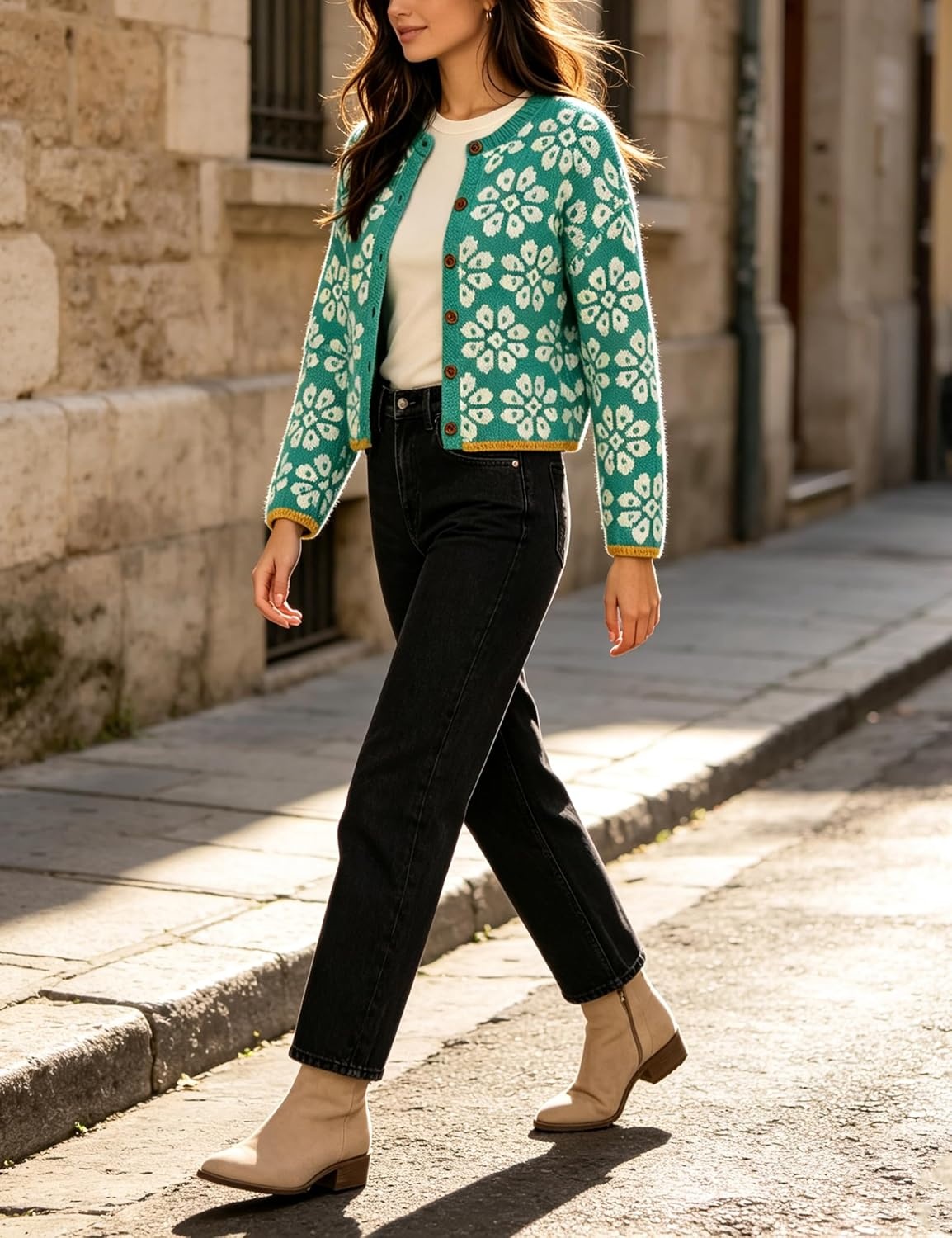 image:imageSpringrain Womens Floral Cropped Cardigan Button Knit SweaterGreen