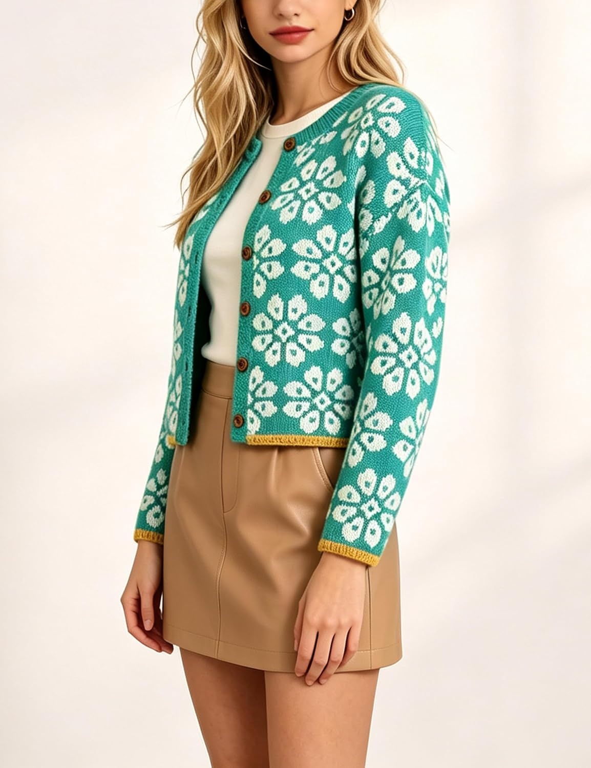 image:imageSpringrain Womens Floral Cropped Cardigan Button Knit SweaterGreen