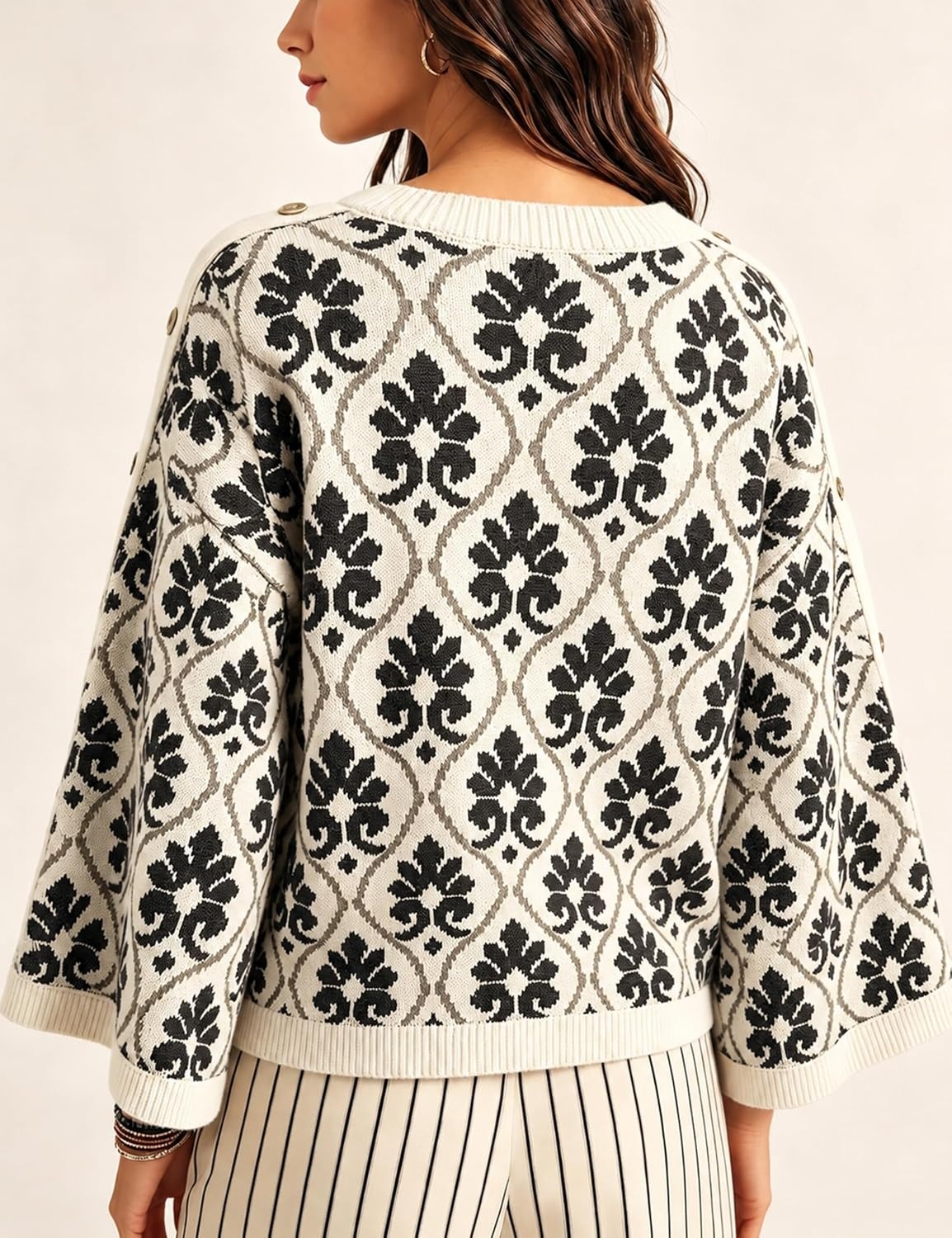 image:imageSpringrain Womens Floral Jacquard Knit Sweater Vintage Pullover TopBlack