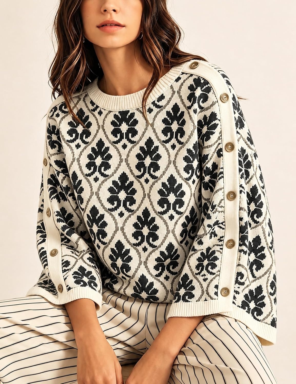 image:imageSpringrain Womens Floral Jacquard Knit Sweater Vintage Pullover TopBlack