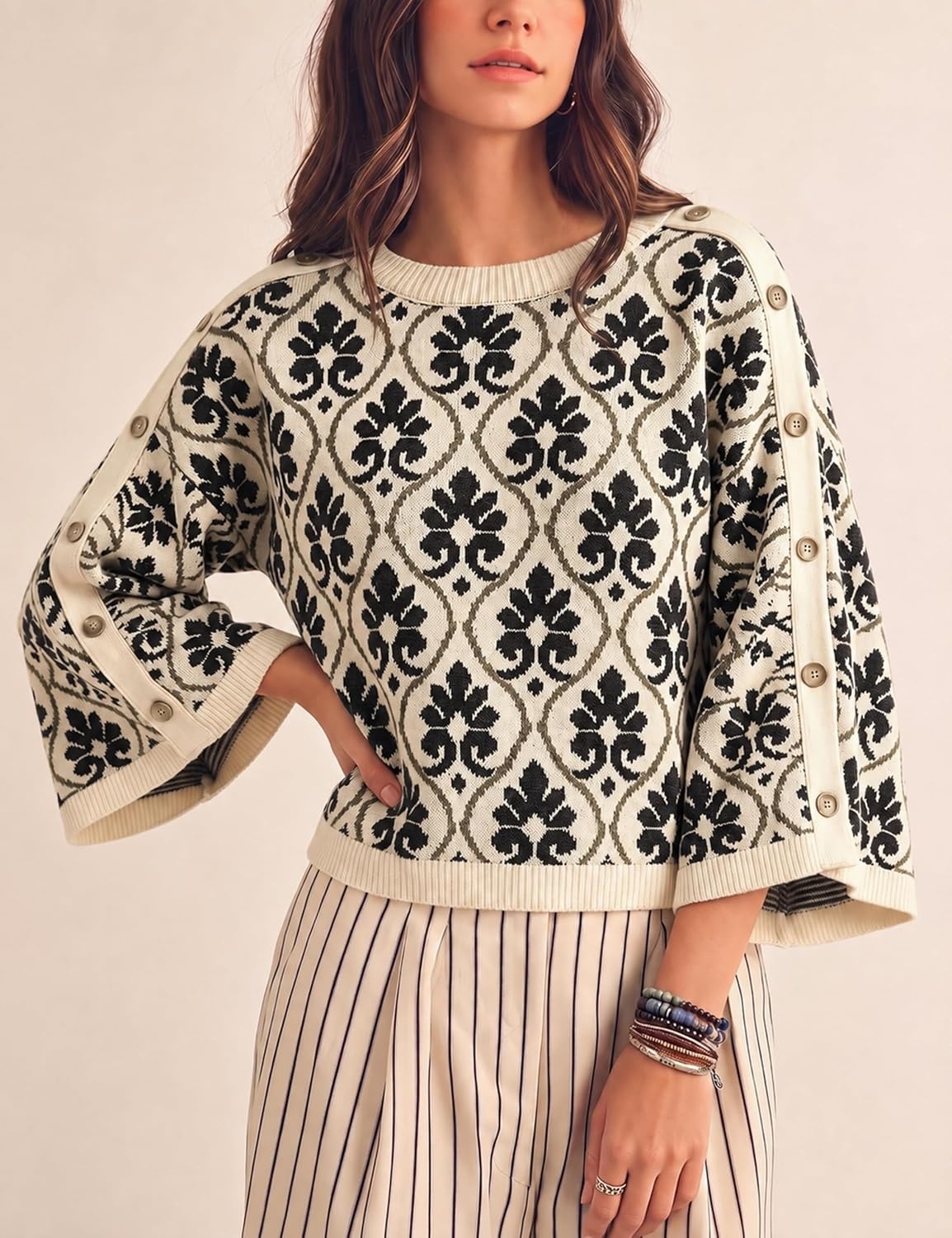 image:imageSpringrain Womens Floral Jacquard Knit Sweater Vintage Pullover TopBlack