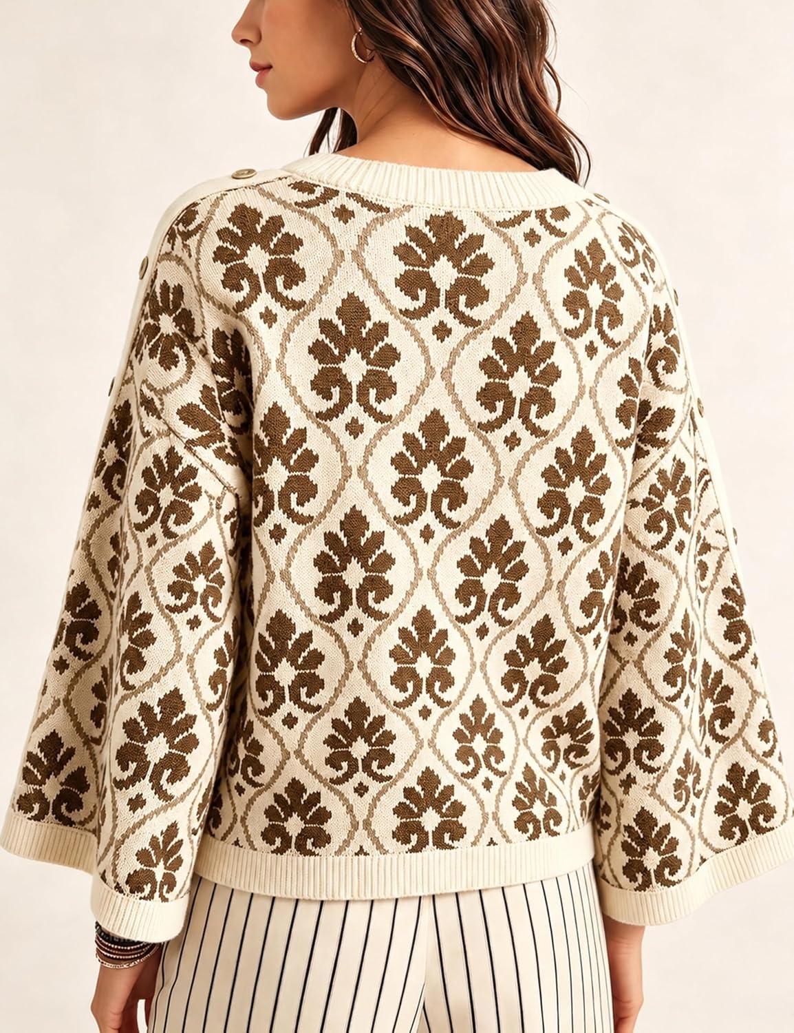 image:imageSpringrain Womens Floral Jacquard Knit Sweater Vintage Pullover TopBrown
