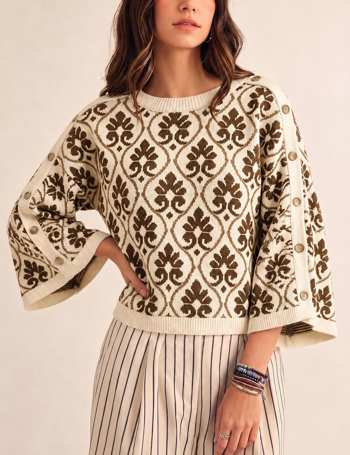 image:imageSpringrain Womens Floral Jacquard Knit Sweater Vintage Pullover TopBrown