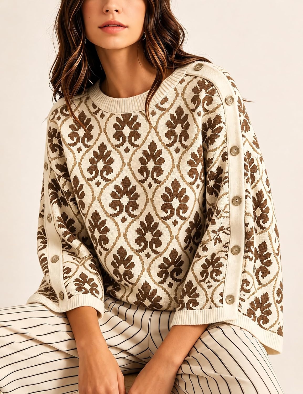 image:imageSpringrain Womens Floral Jacquard Knit Sweater Vintage Pullover TopBrown