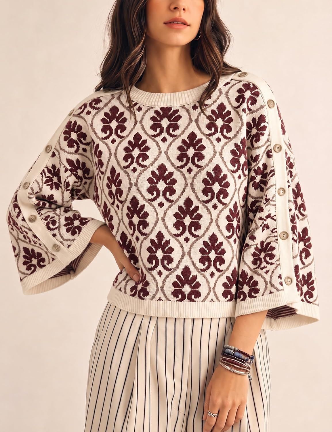 image:imageSpringrain Womens Floral Jacquard Knit Sweater Vintage Pullover TopBurgundy