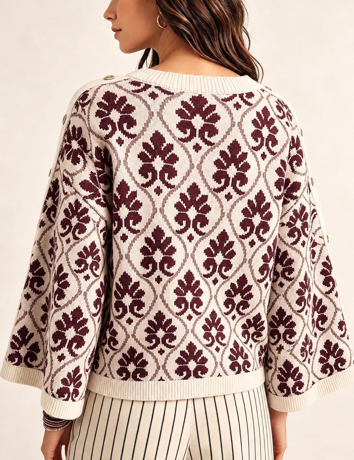 image:imageSpringrain Womens Floral Jacquard Knit Sweater Vintage Pullover TopBurgundy