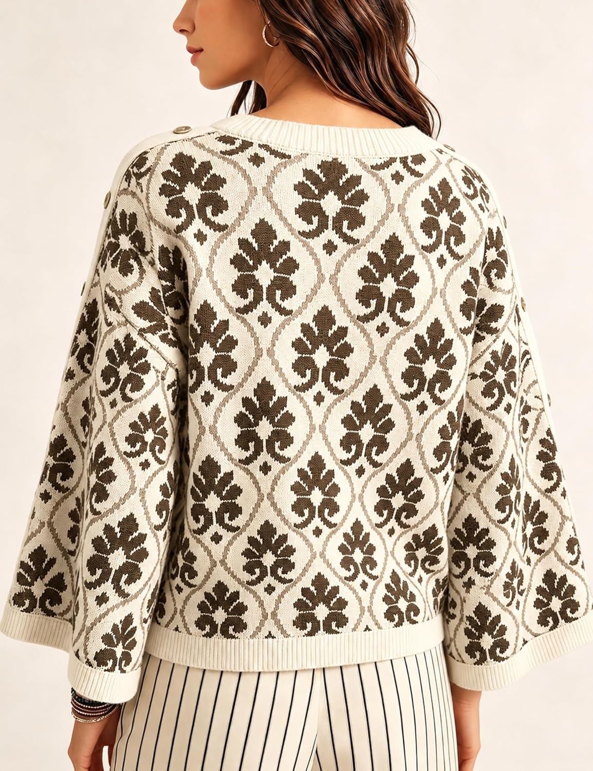 image:imageSpringrain Womens Floral Jacquard Knit Sweater Vintage Pullover TopCoffee